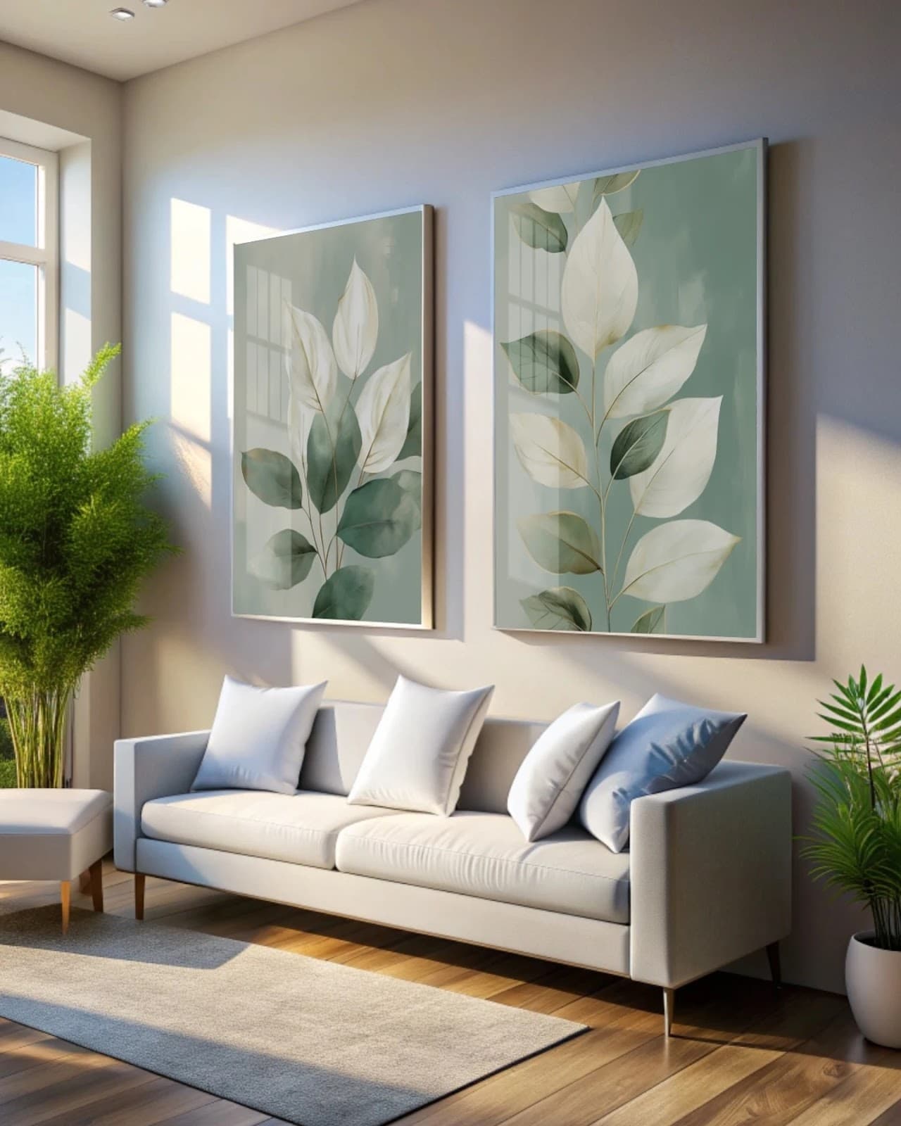 Dupla de Quadros Folhas Minimalistas Verdes e Douradas