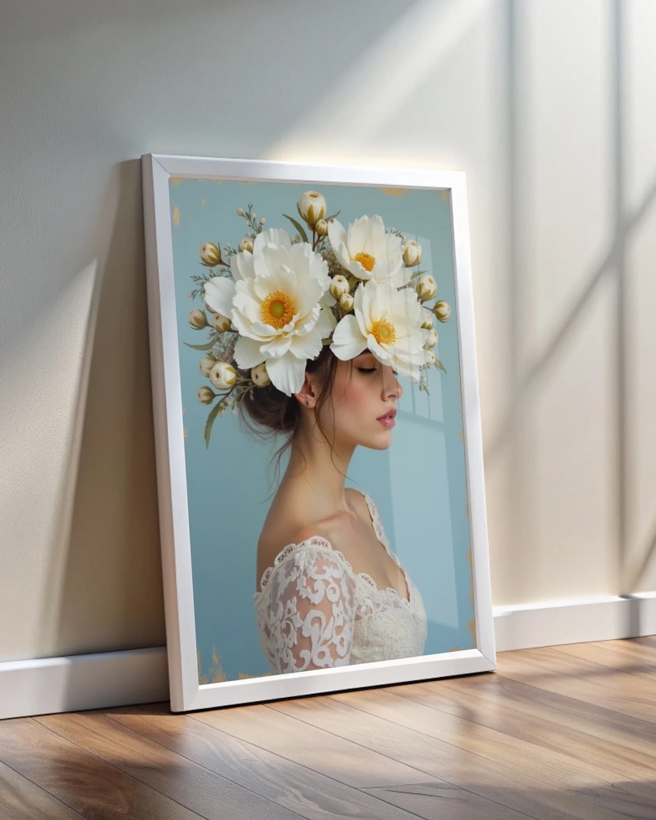 Quadro Mulher Flor Branca Celestial