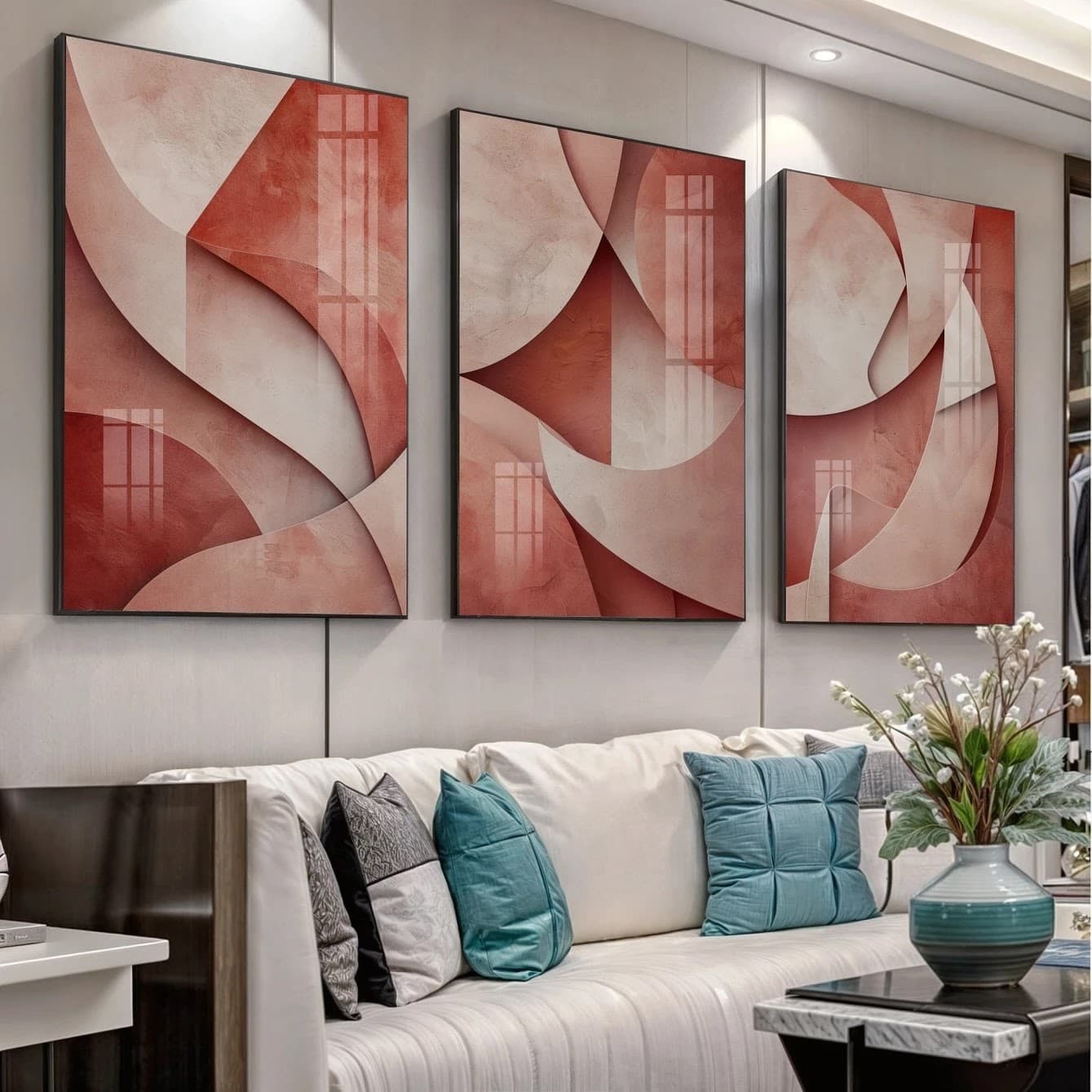 Trio de Quadros Formas Abstratas em Coral e Vinho
