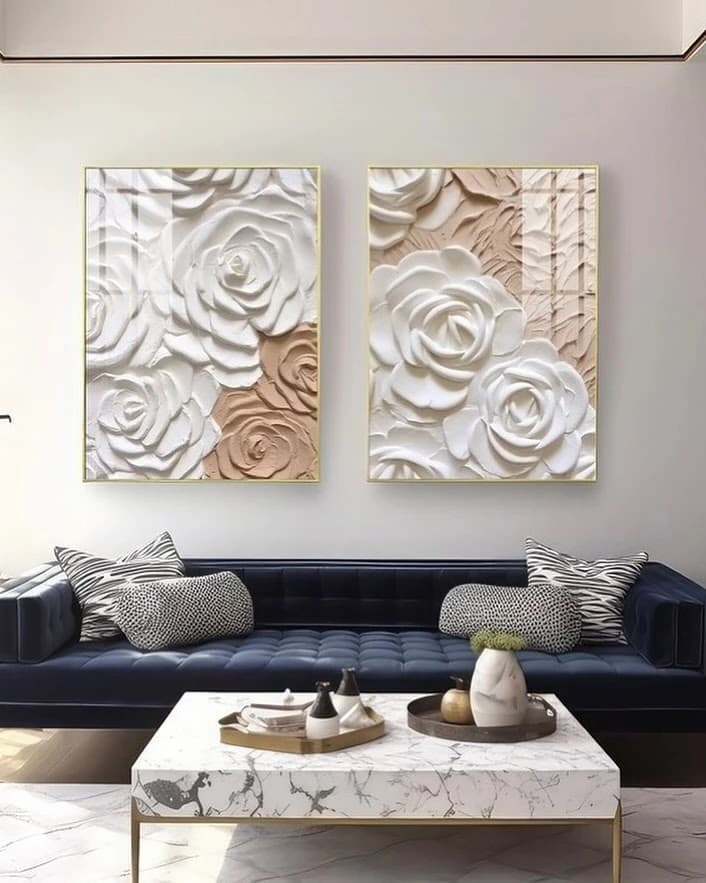 Dupla de Quadros Rosas Esculpidas em Marfim
