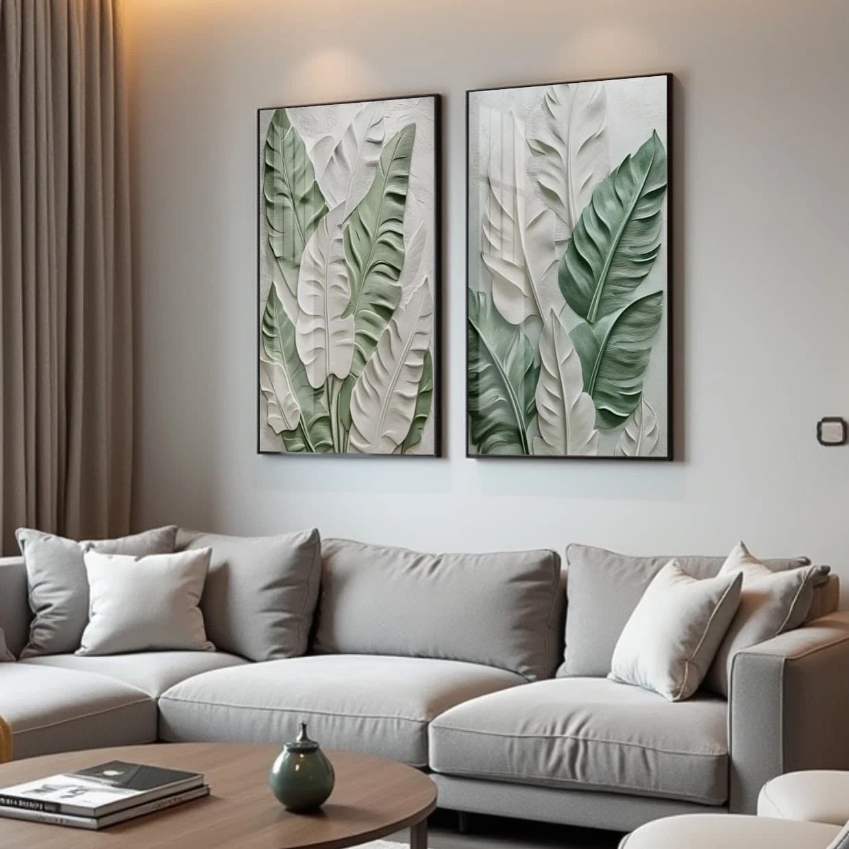 Dupla de Quadros Folhas Aquarela Verdes e Brancas