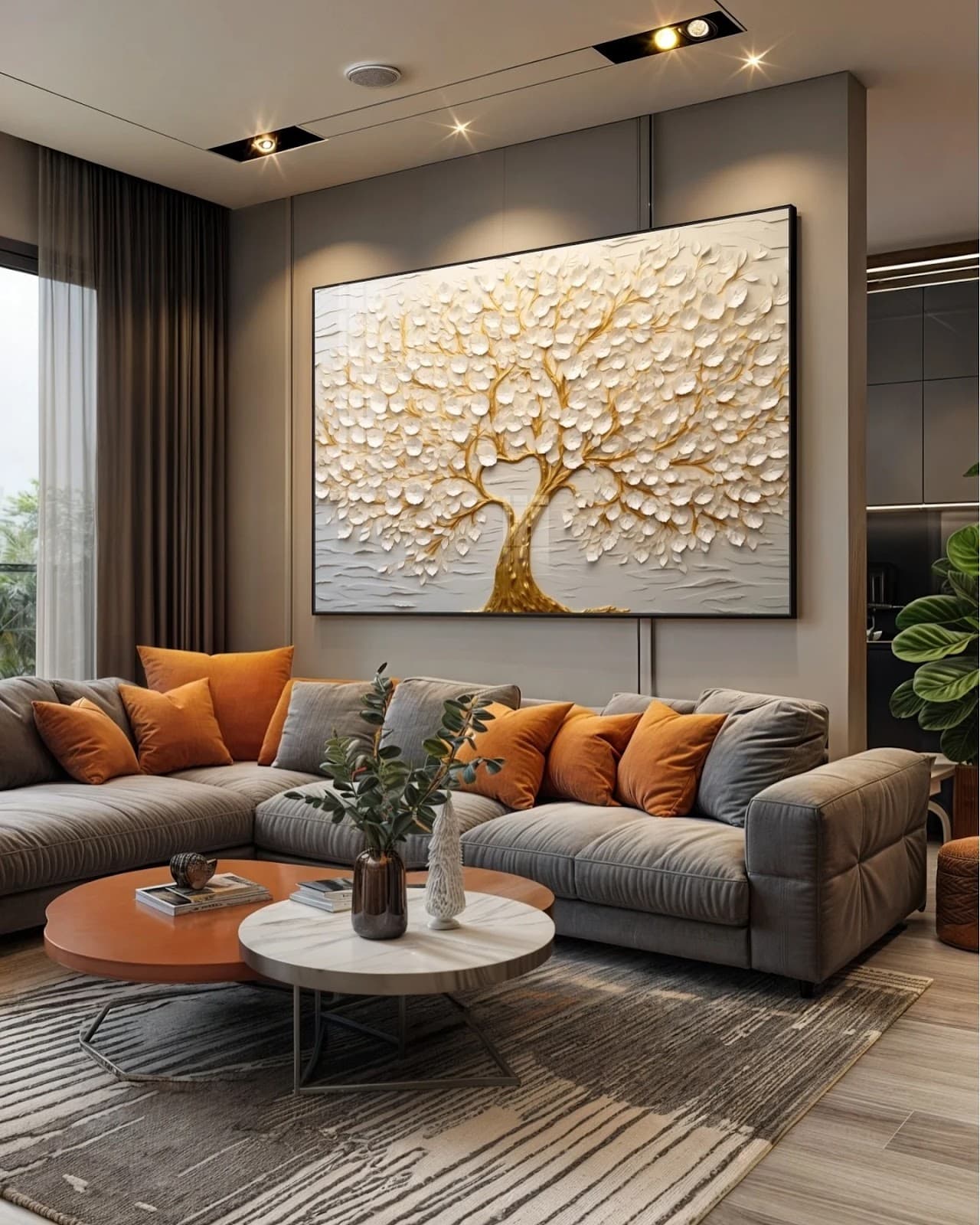 Quadro Árvore em Relevo Branco e Dourado