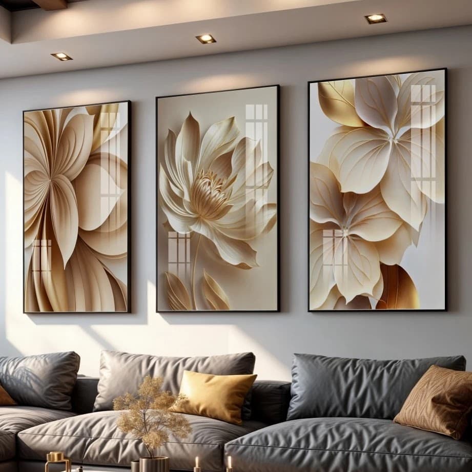 Trio de Quadros Lótus Dourado Majestoso