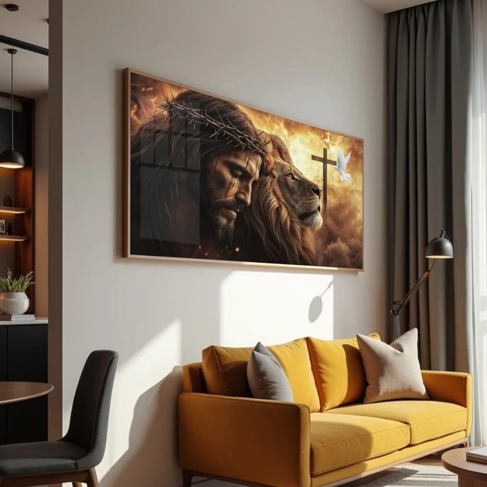 Quadro Leão de Judá com Cruz e Pomba