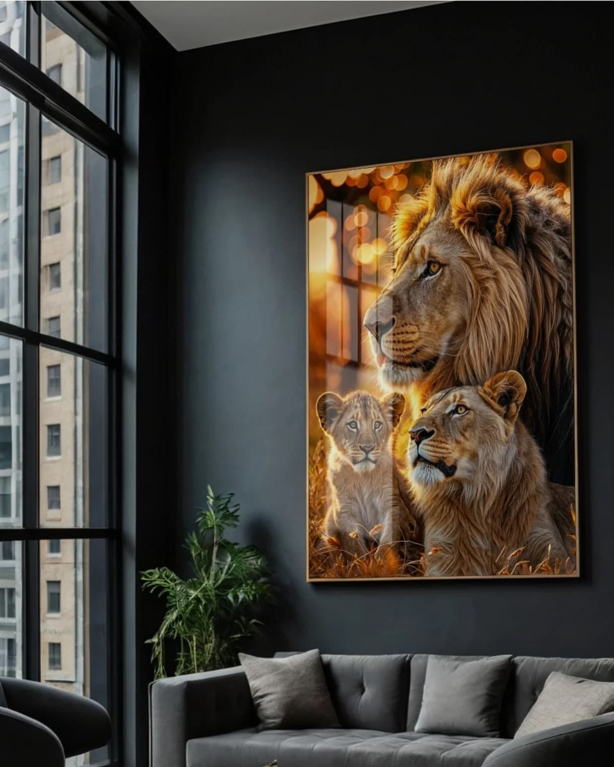 Quadro Família de Leões sob Luz Dourada