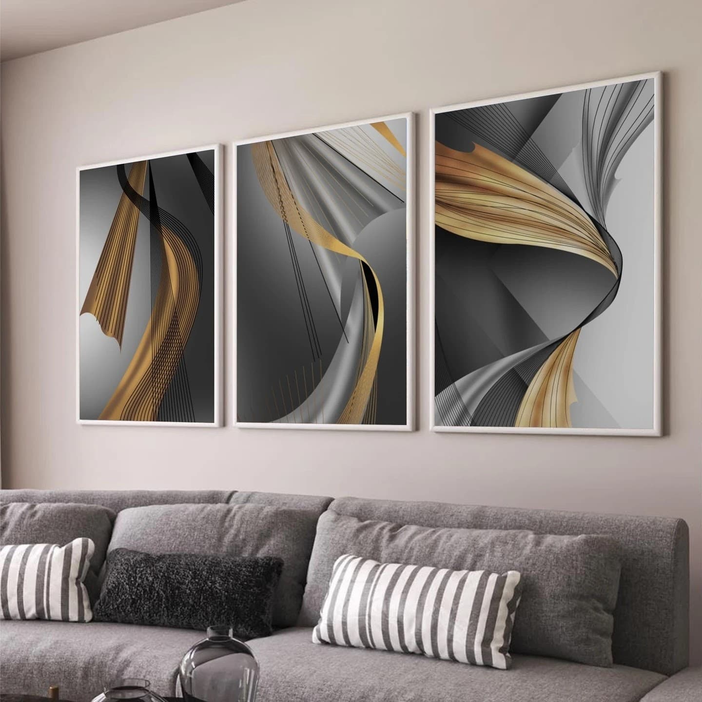 Trio de Quadros Ondas Sensibilidade Dourada