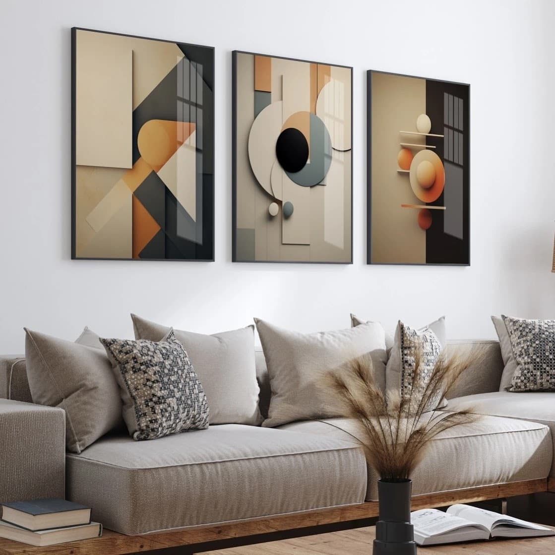 Trio de Quadros Composição Moderna Círculos e Cores