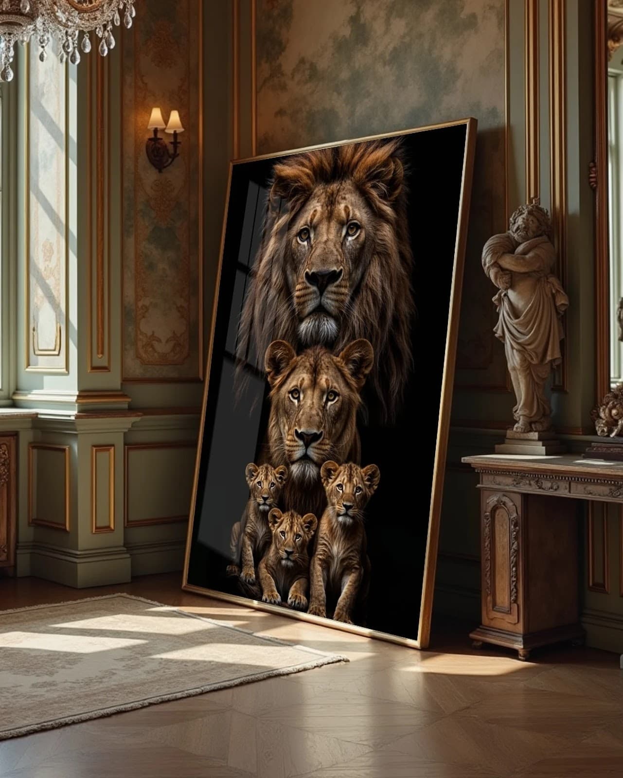 Quadro Família de Leões Vertical com Três Filhotes