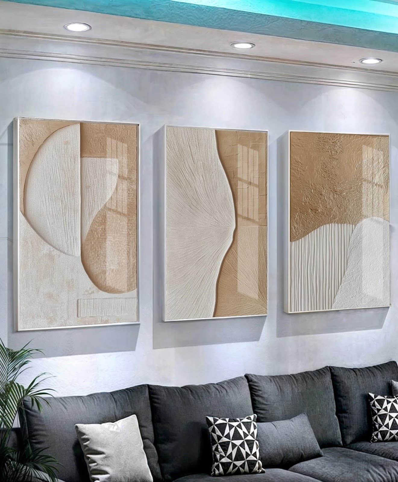 Trio de Quadros Ondas de Mármore e Ouro
