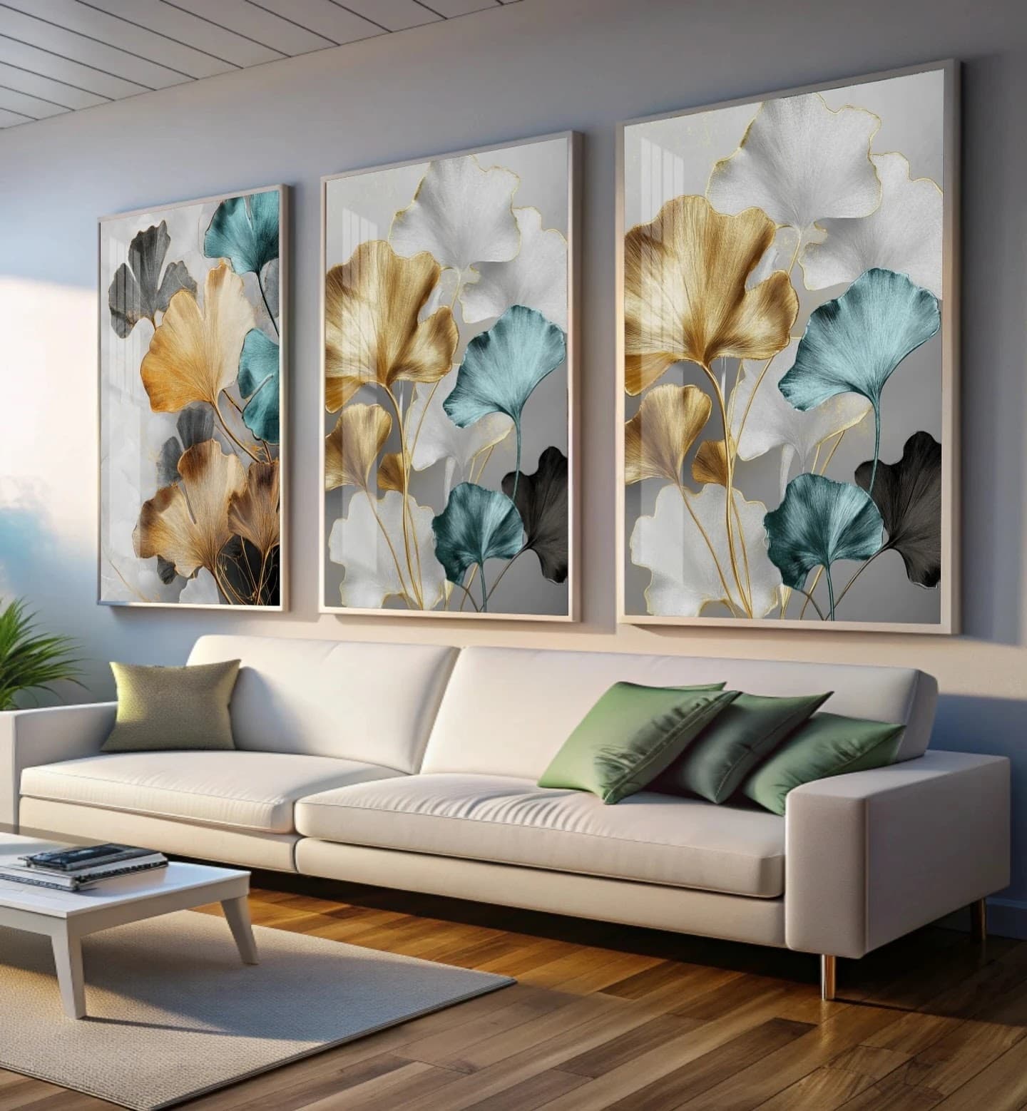 Trio de Quadros Folhas de Ginkgo Douradas
