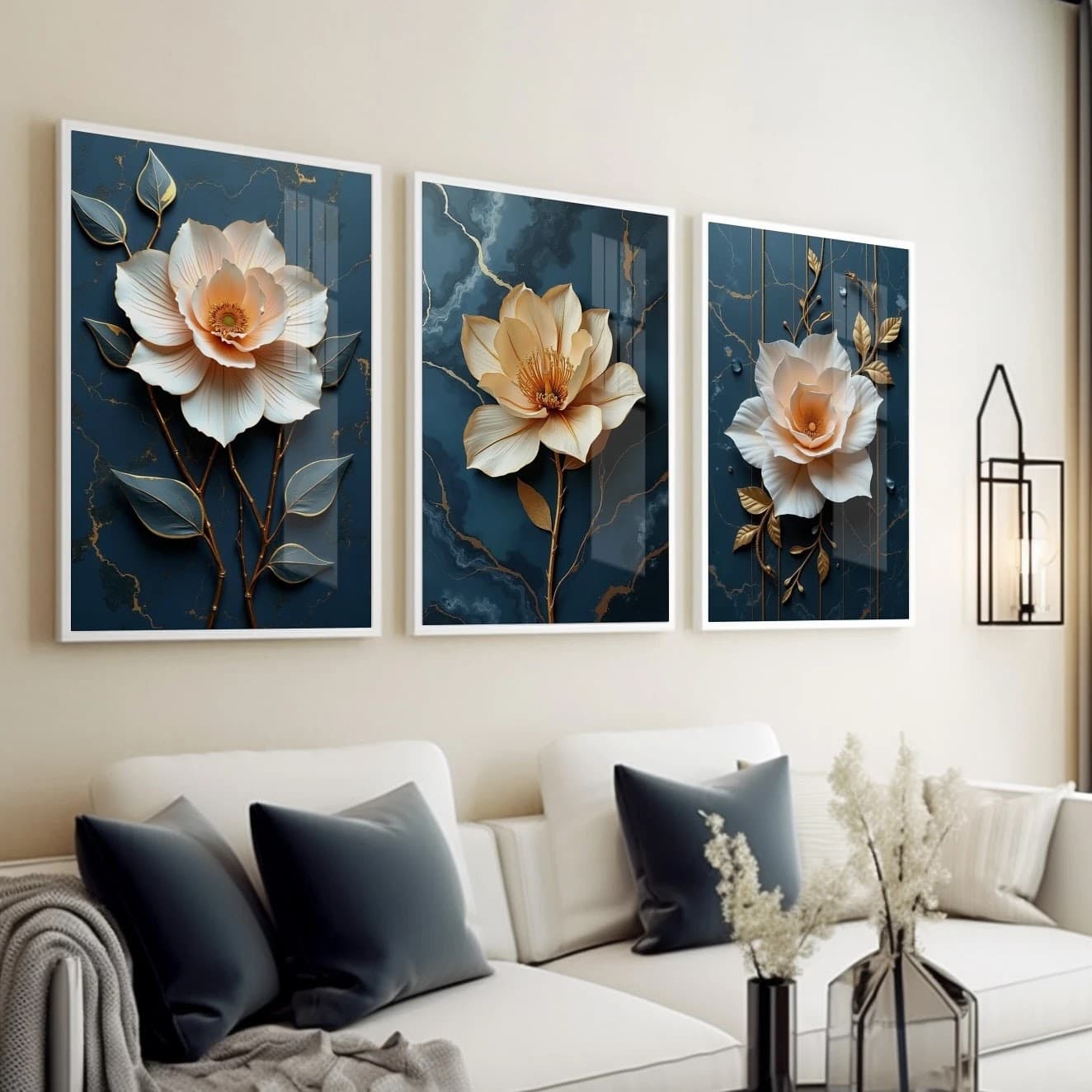 Trio de Quadros Ondas Douradas Abstratas