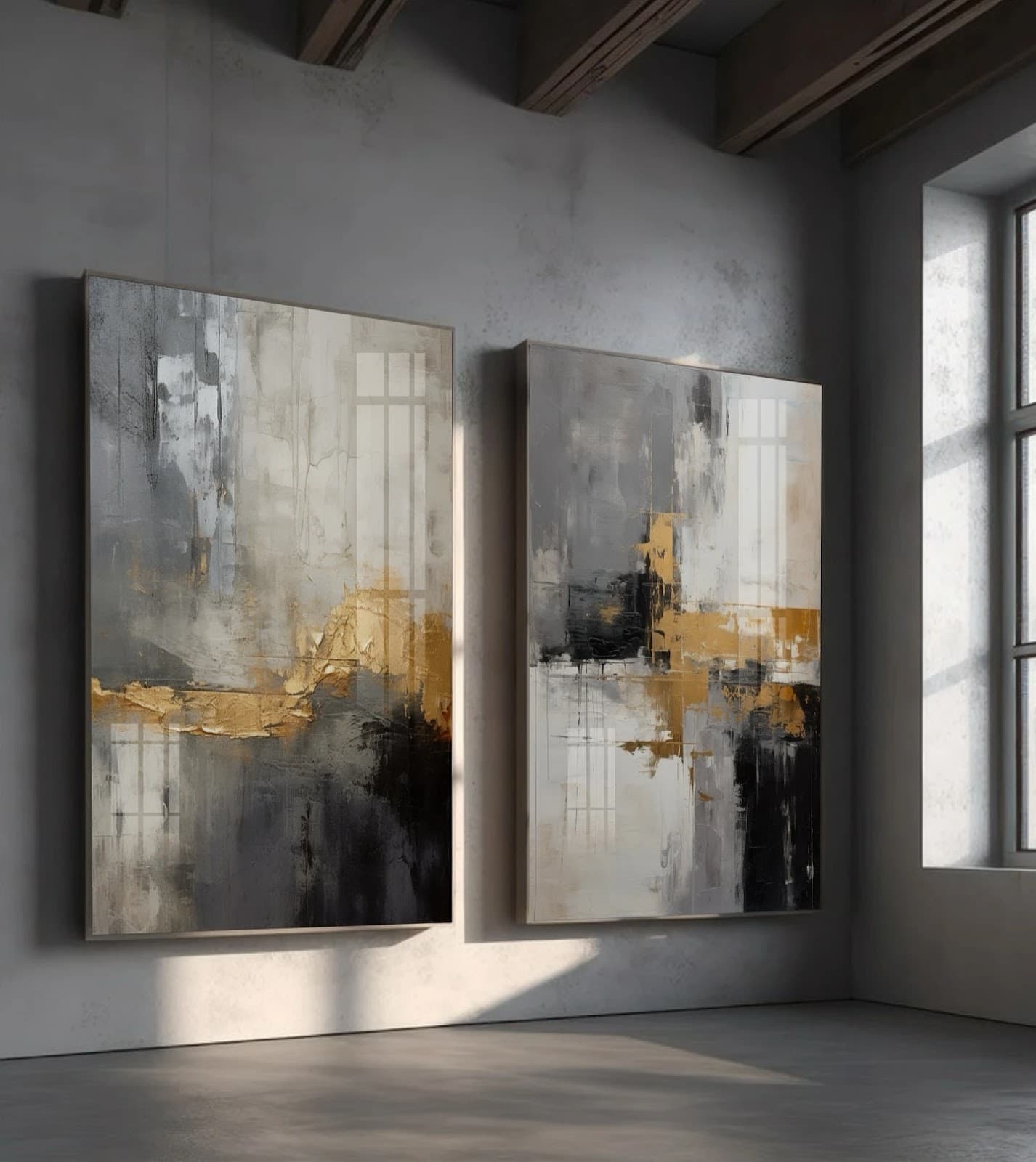 Dupla de Quadros Abstrato Dourado e Cinza