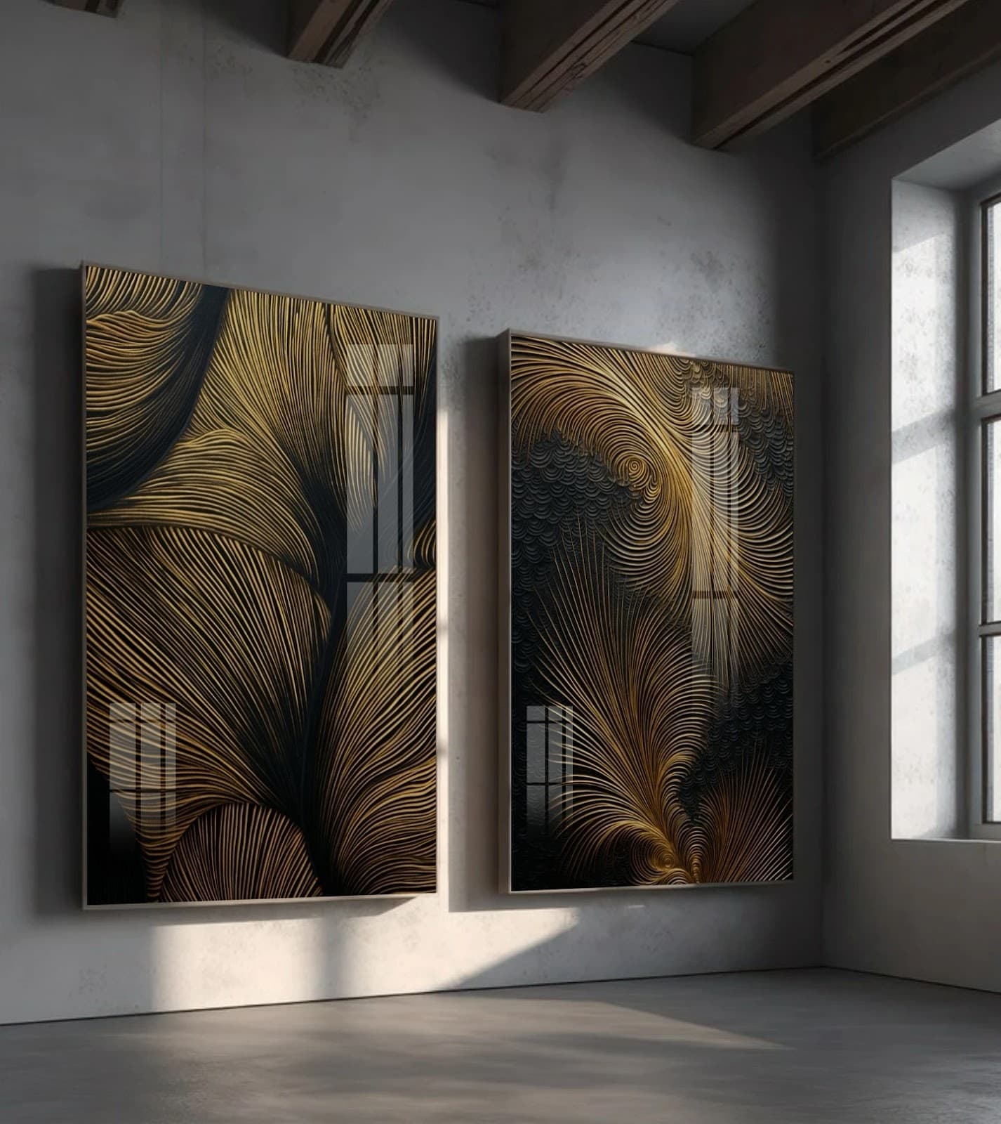 Dupla de Quadros Plumas Douradas da Eternidade