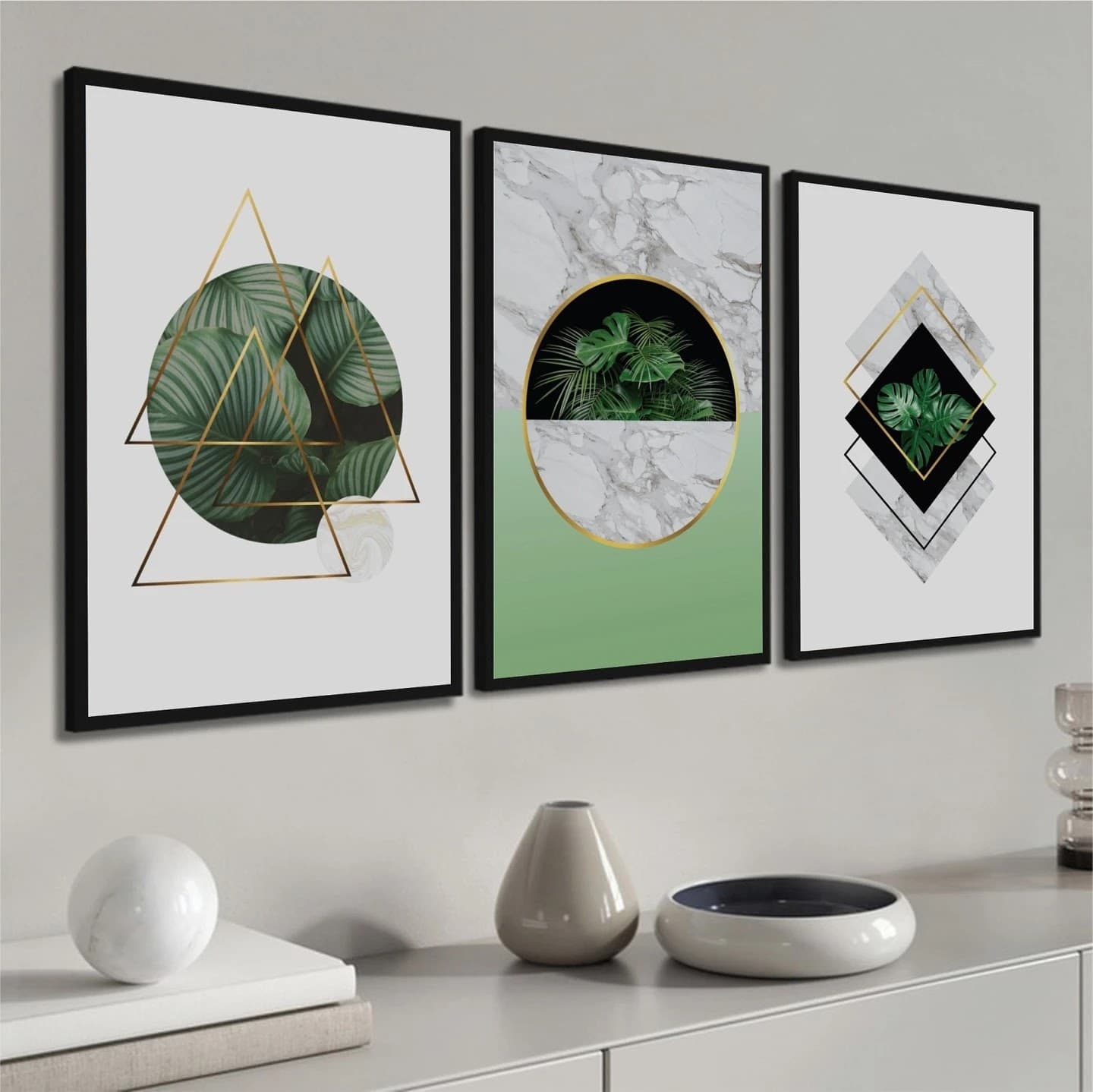 Trio de Quadros Folhas Geométricas Verdes