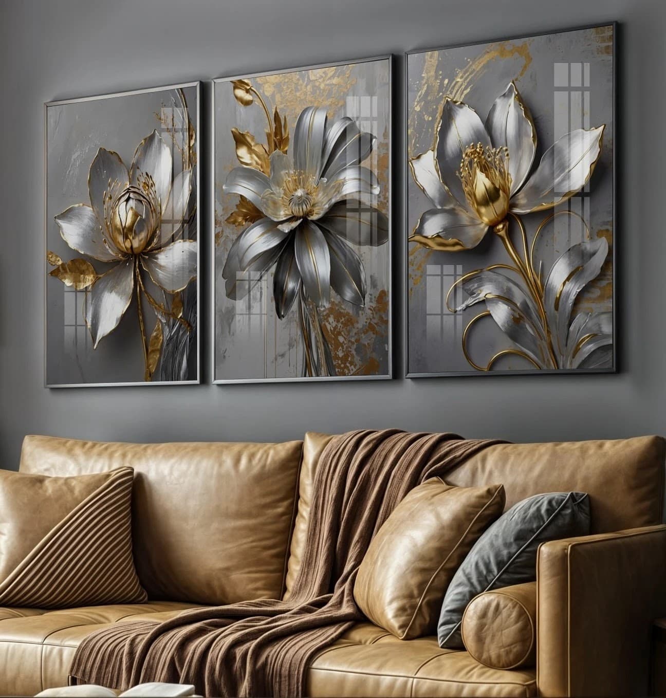 Trio de Quadros Flores Douradas Luxo