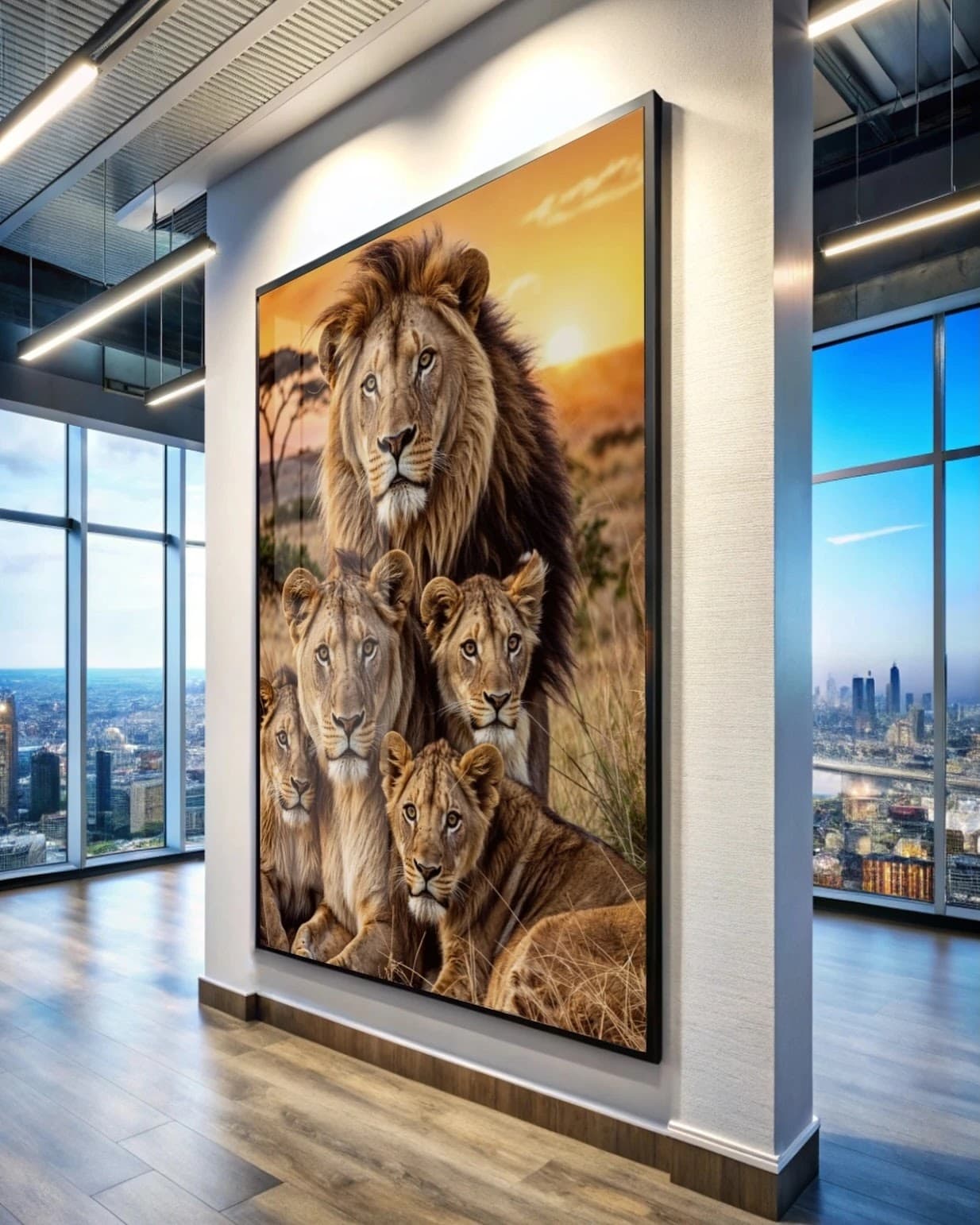 Quadro Família de Leões ao Pôr do Sol Vertical