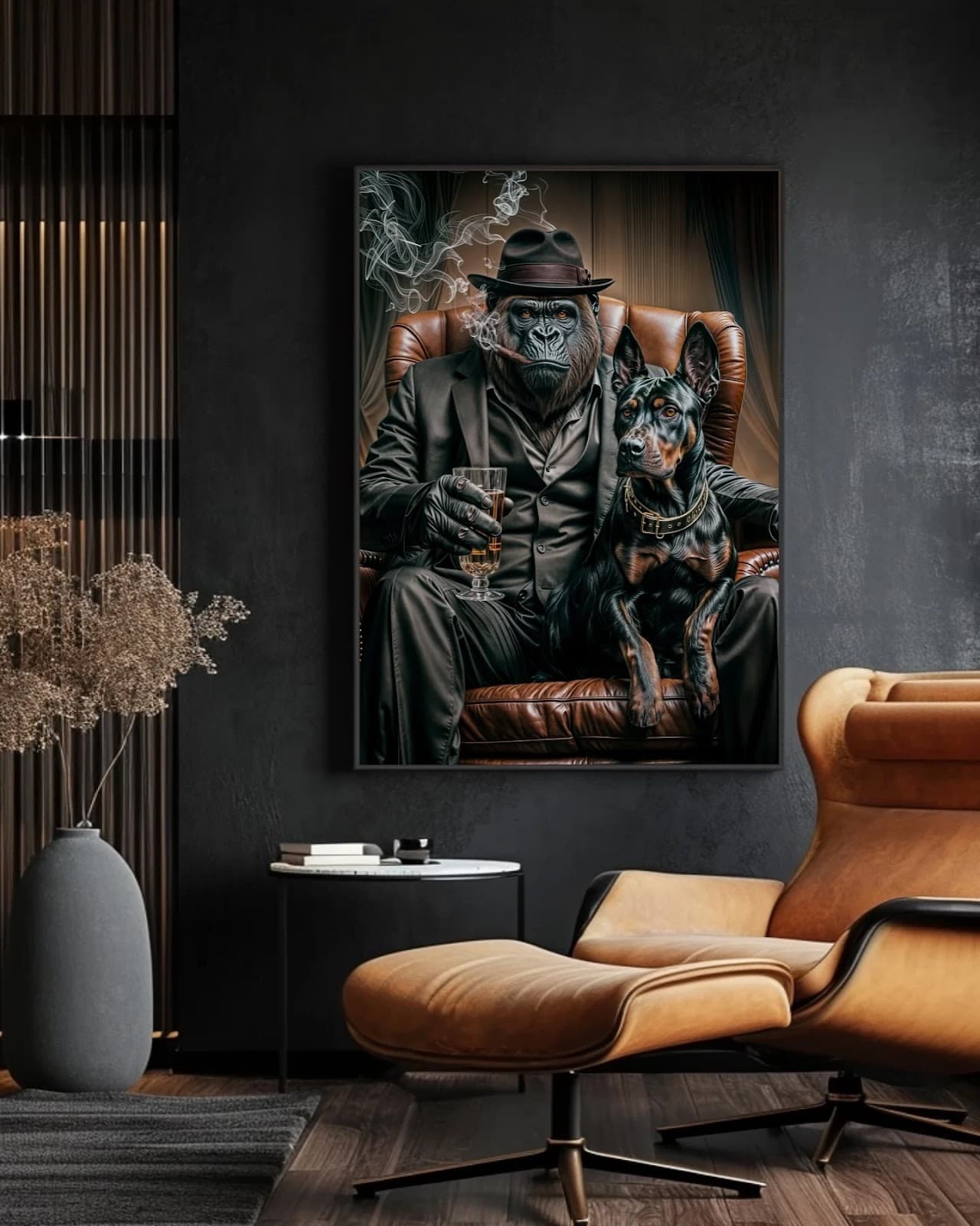 Quadro Gorila Mafioso com Doberman