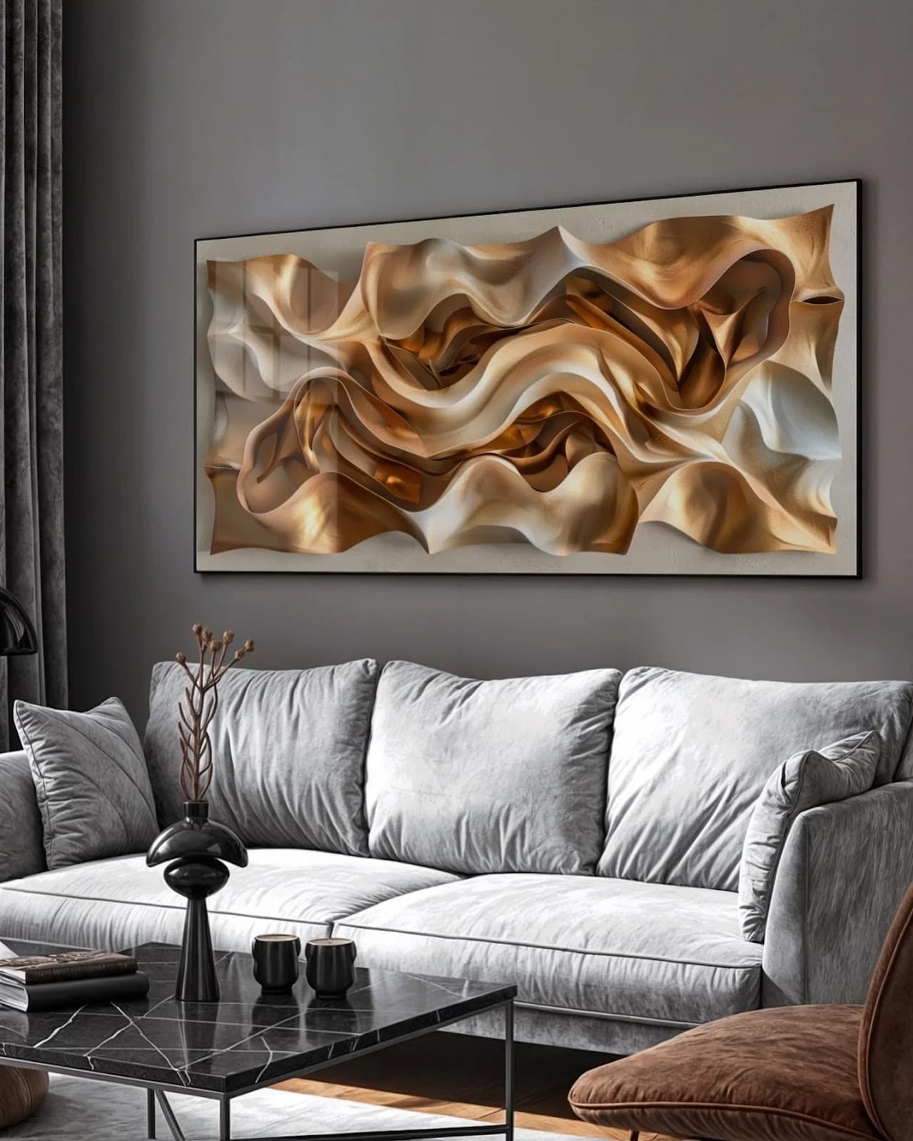 Quadro Formas Abstratas Onduladas em Ouro