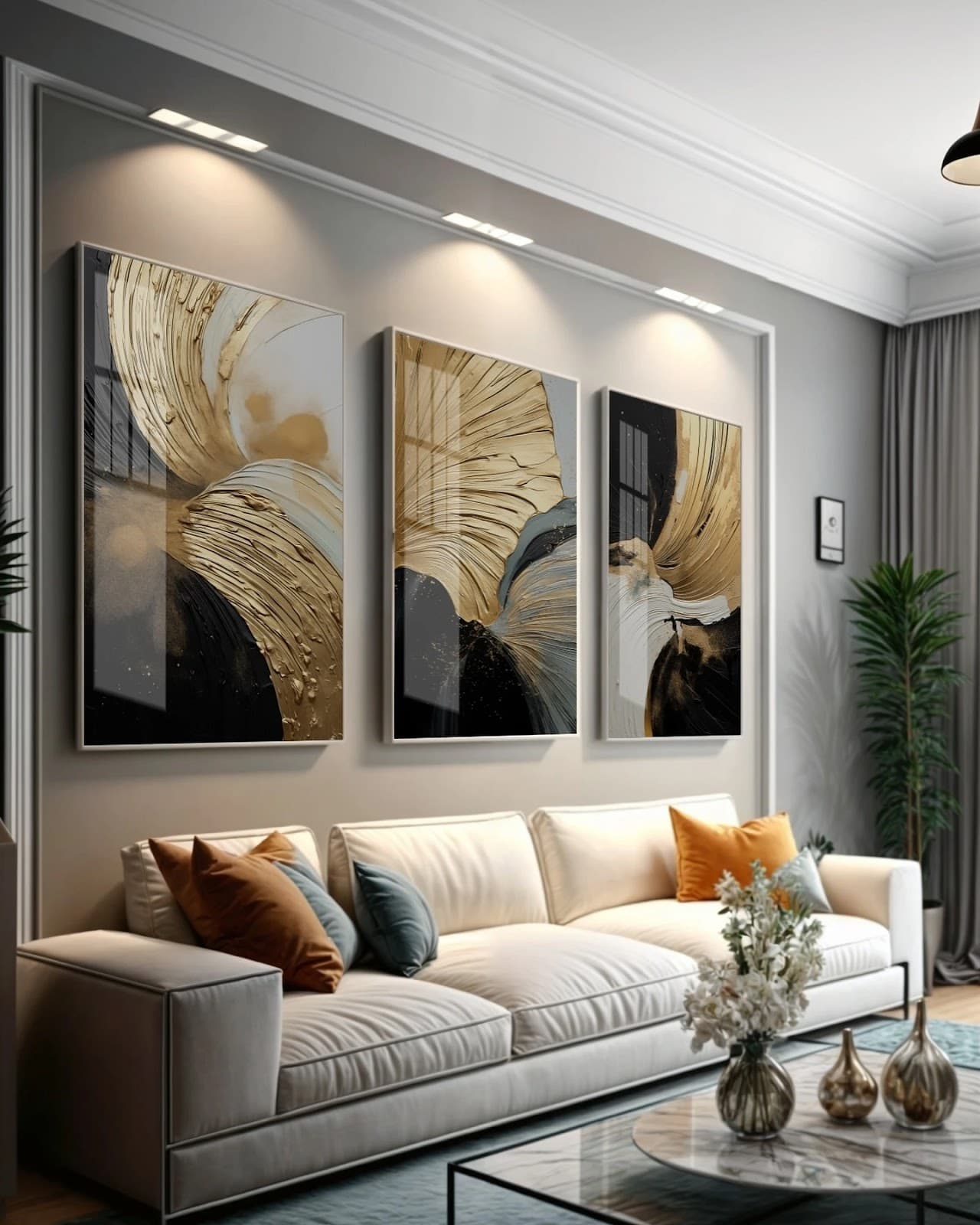 Trio de Quadros Movimento Dourado Contemplativo