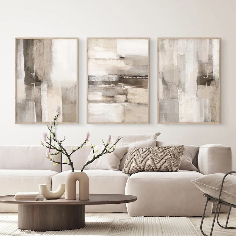 Trio de Quadros Pinceladas Abstratas Tons Neutros