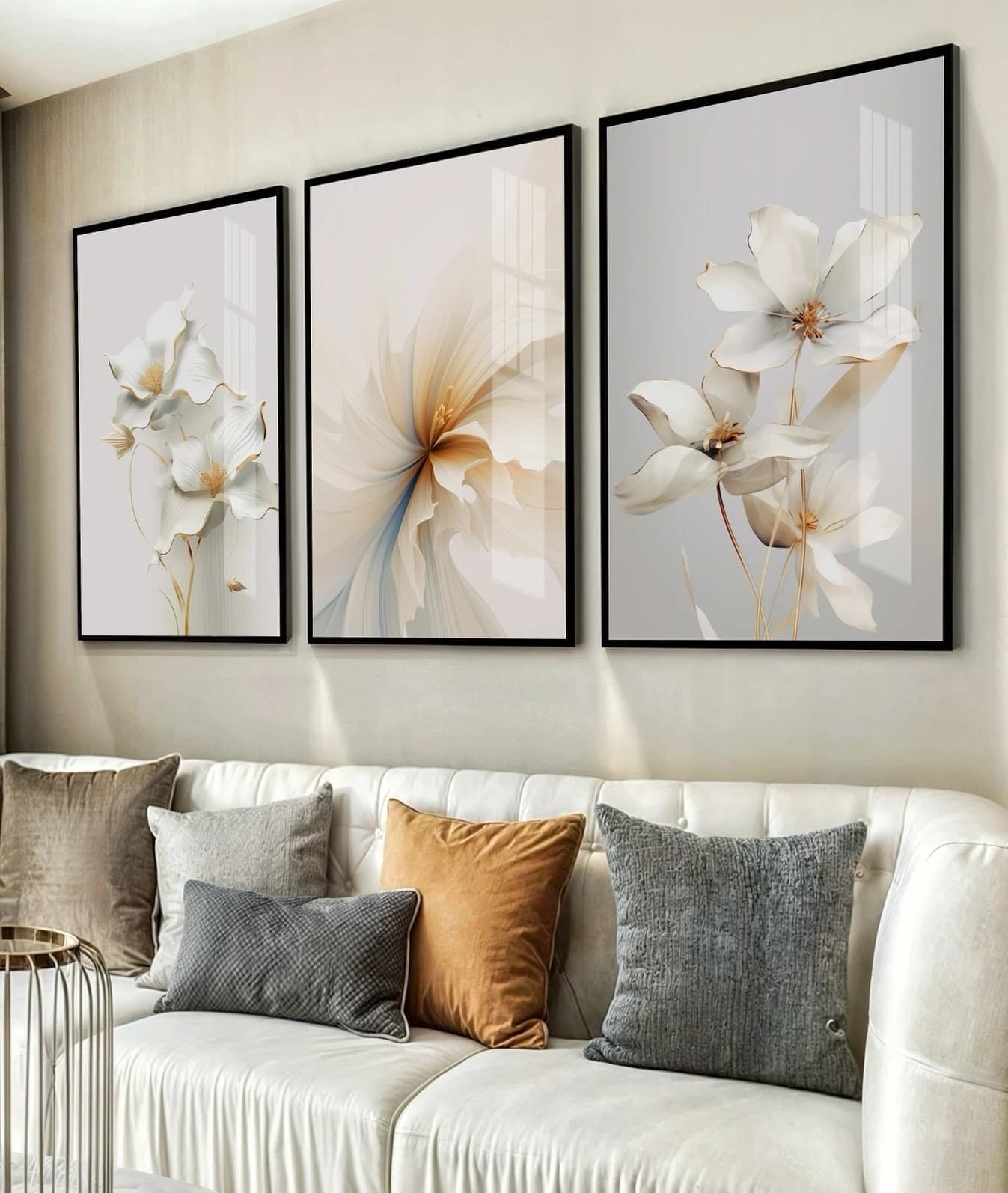 Trio de Quadros Flores Delicadas Brancas Etéreas