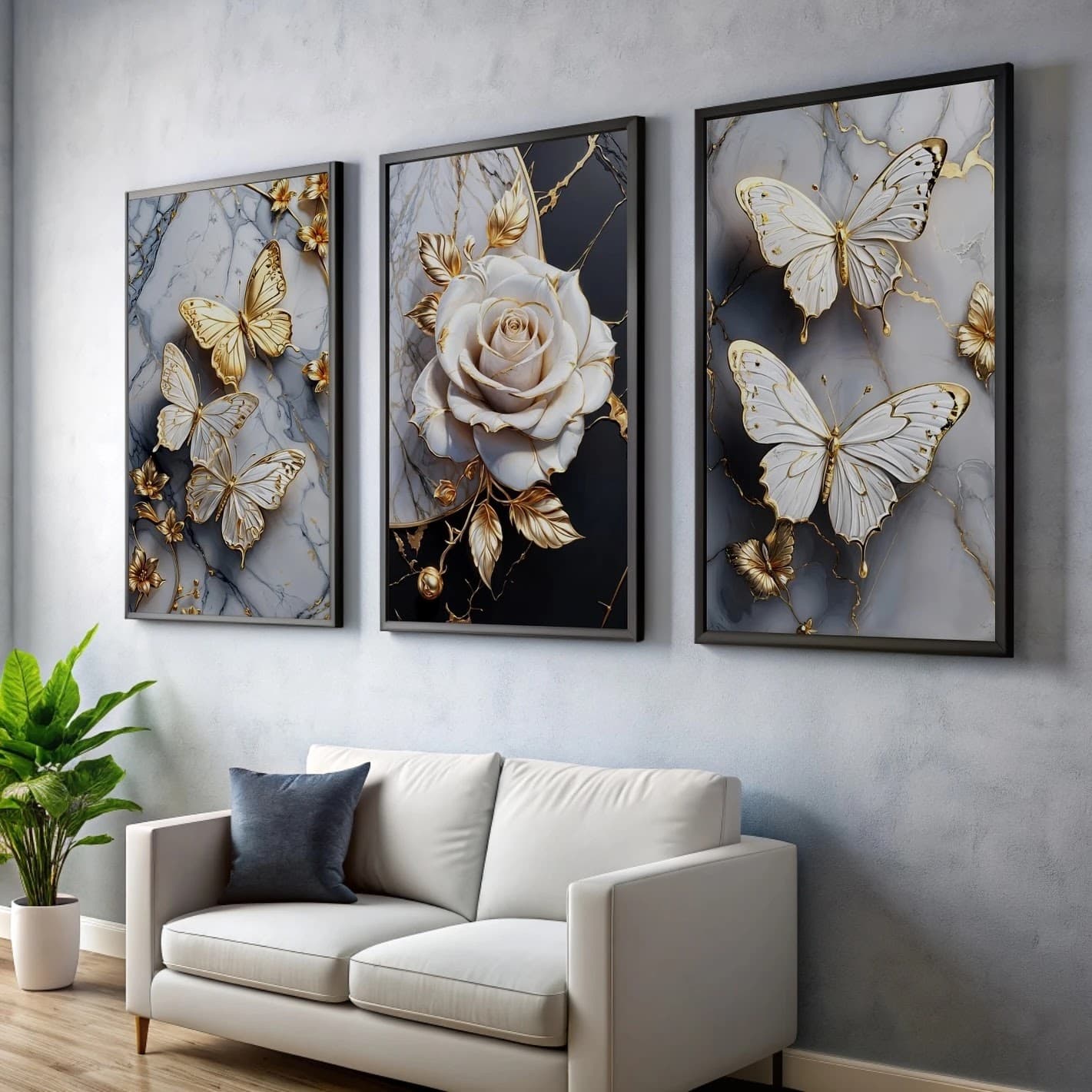 Trio de Quadros Borboletas Douradas Rosa