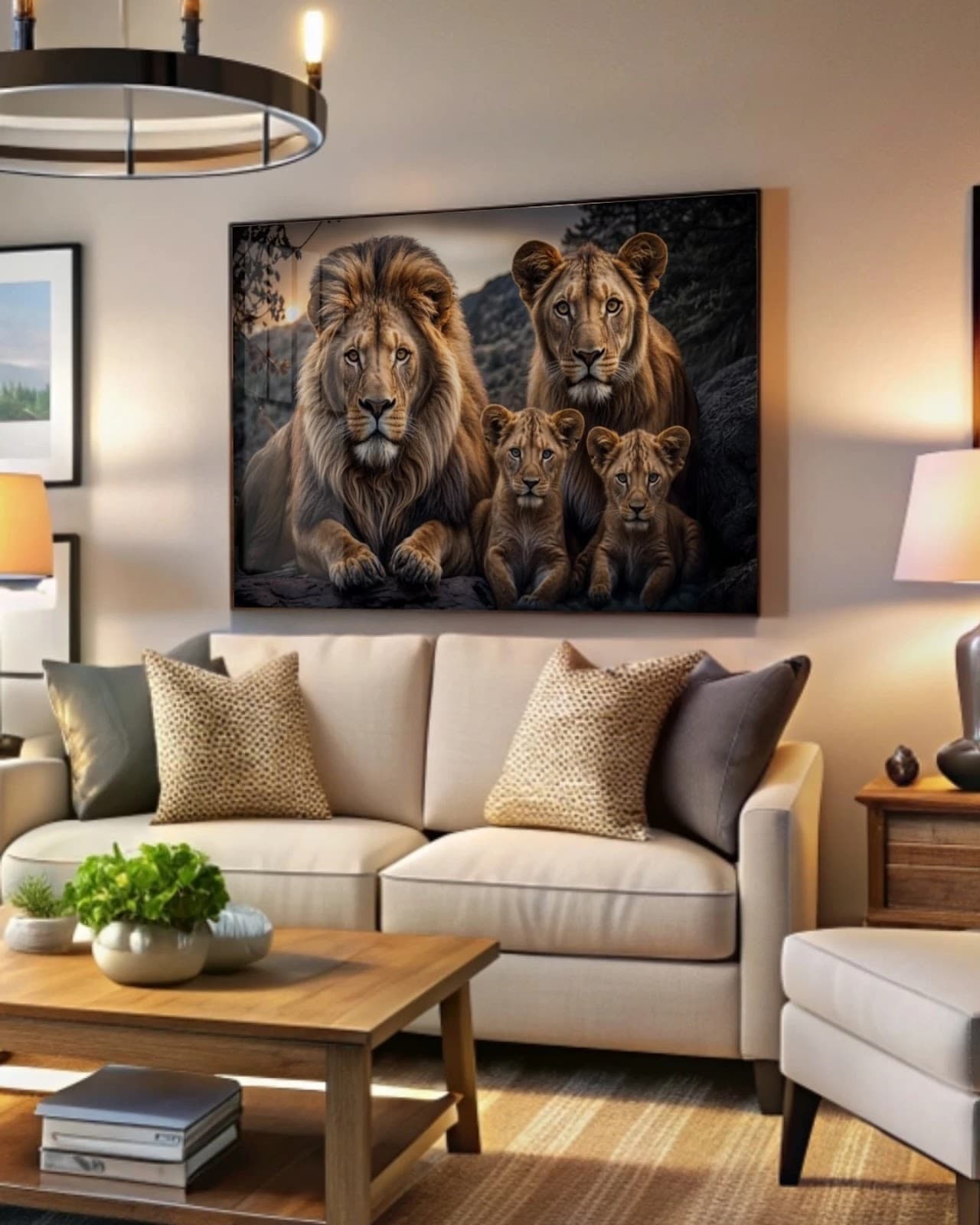 Quadro Família de Leões nas Rochas