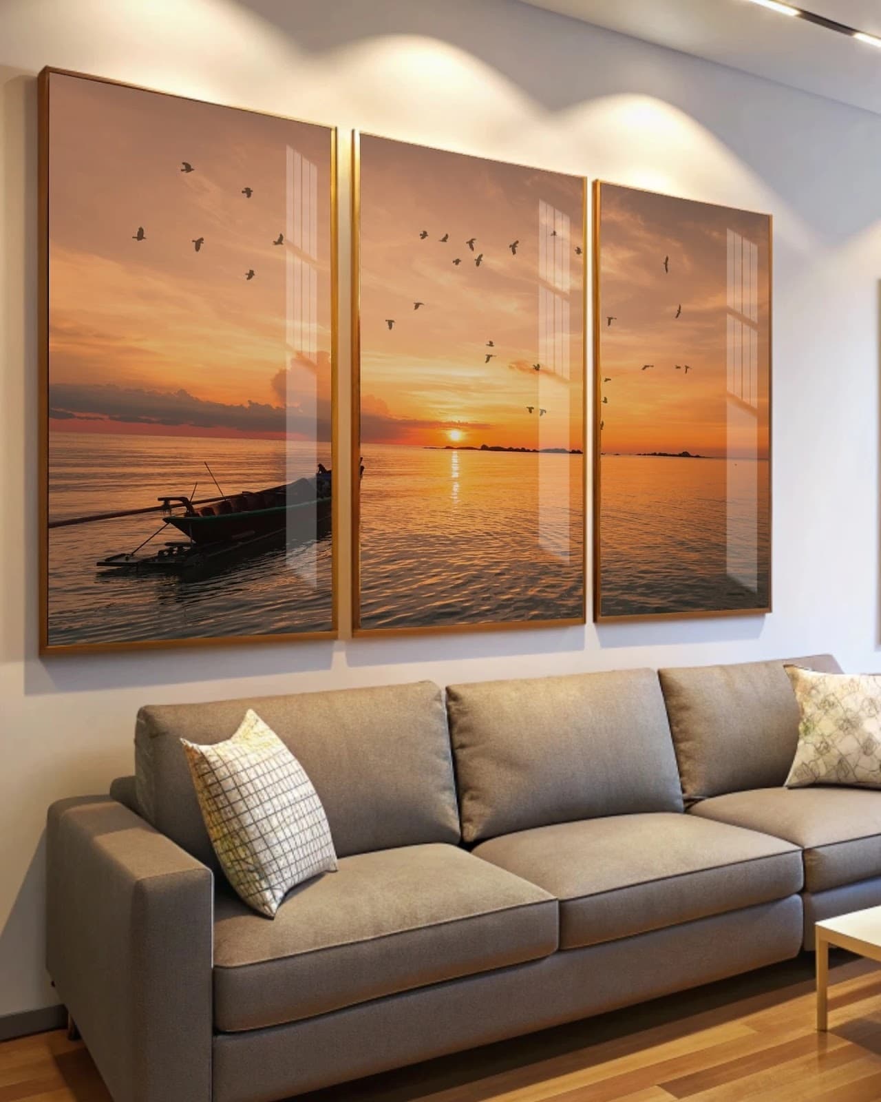 Trio de Quadros Pôr do Sol Marítimo Dourado