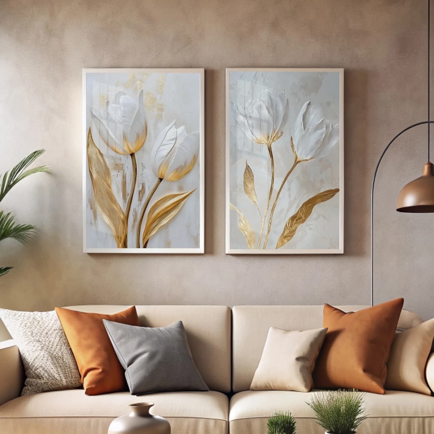 Dupla de Quadros Lírios Elegância em Dourado