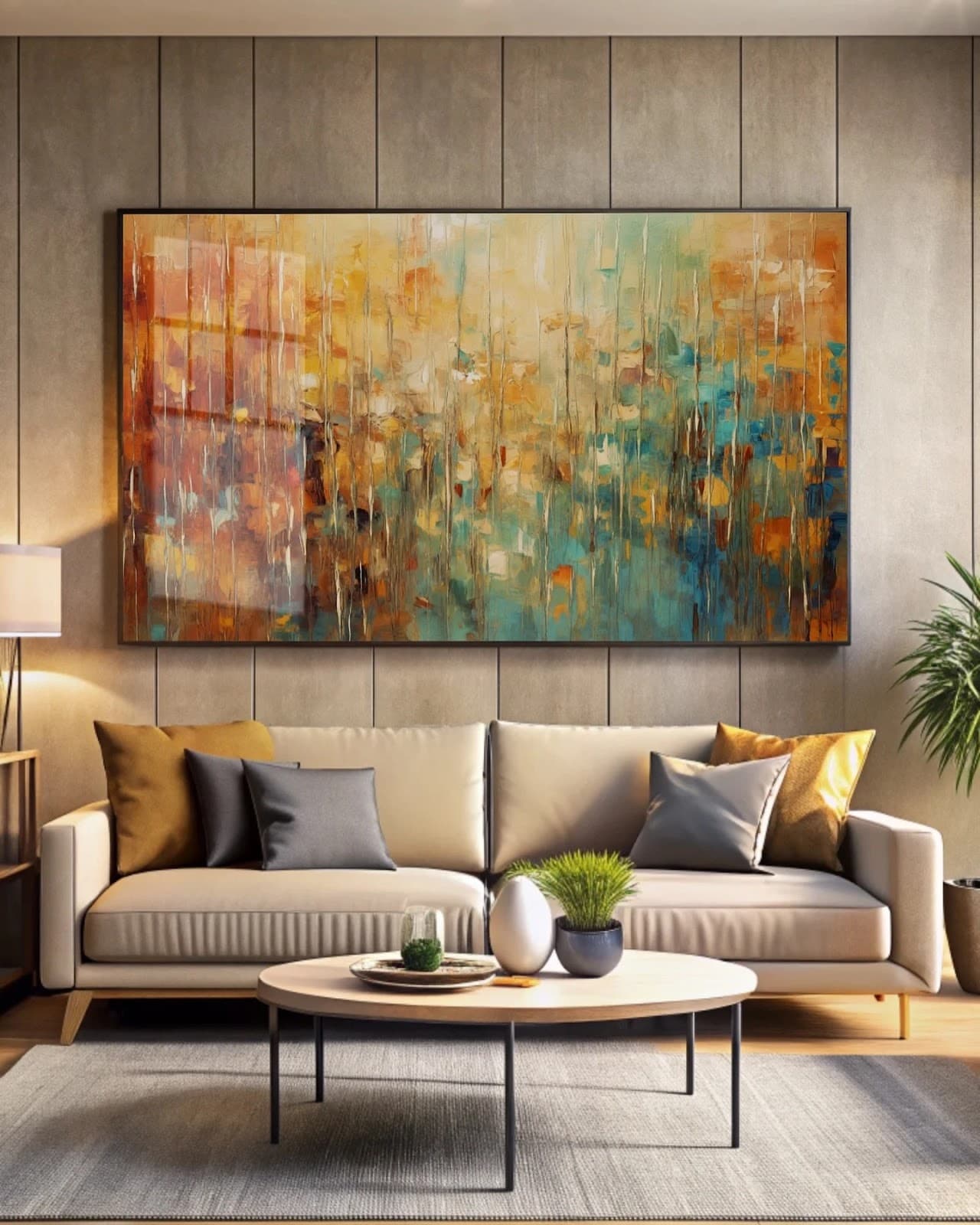 Quadro Abstrato Fluido Tons Quentes e Turquesa