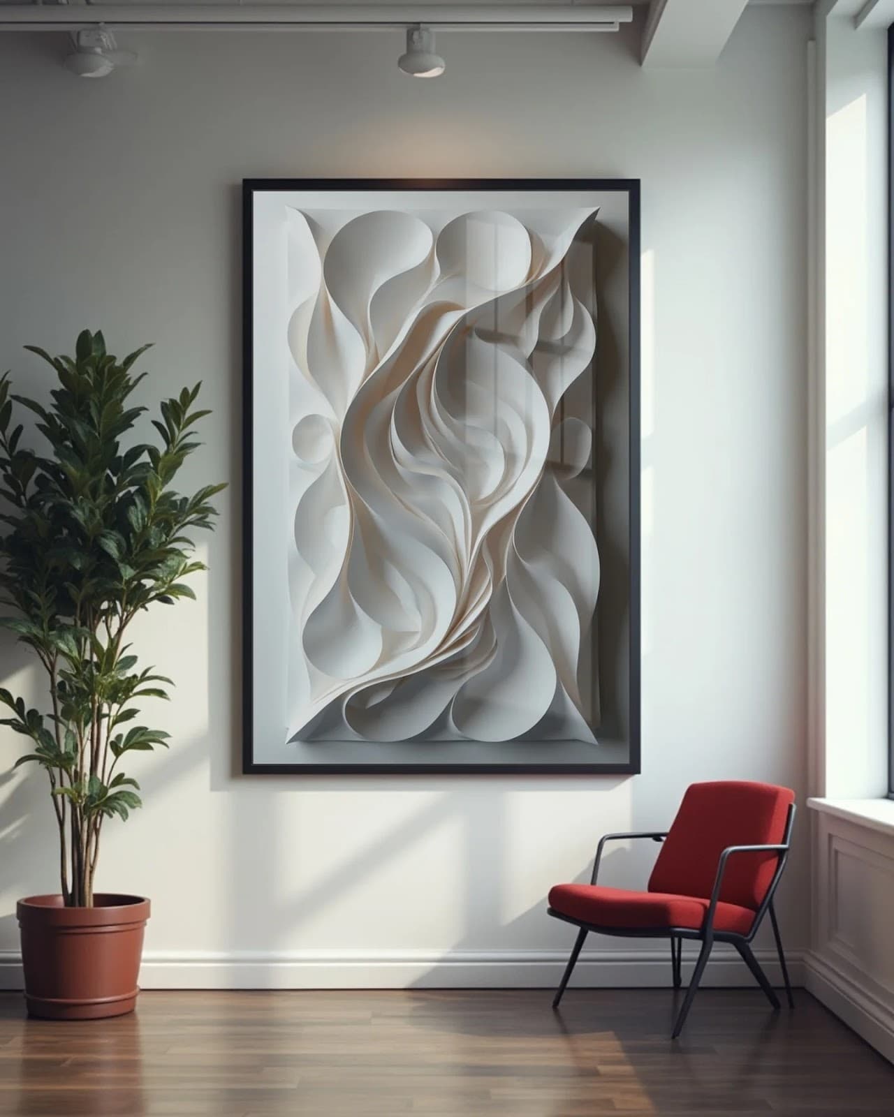 Quadro Volutas Fluidas em Relevo Branco