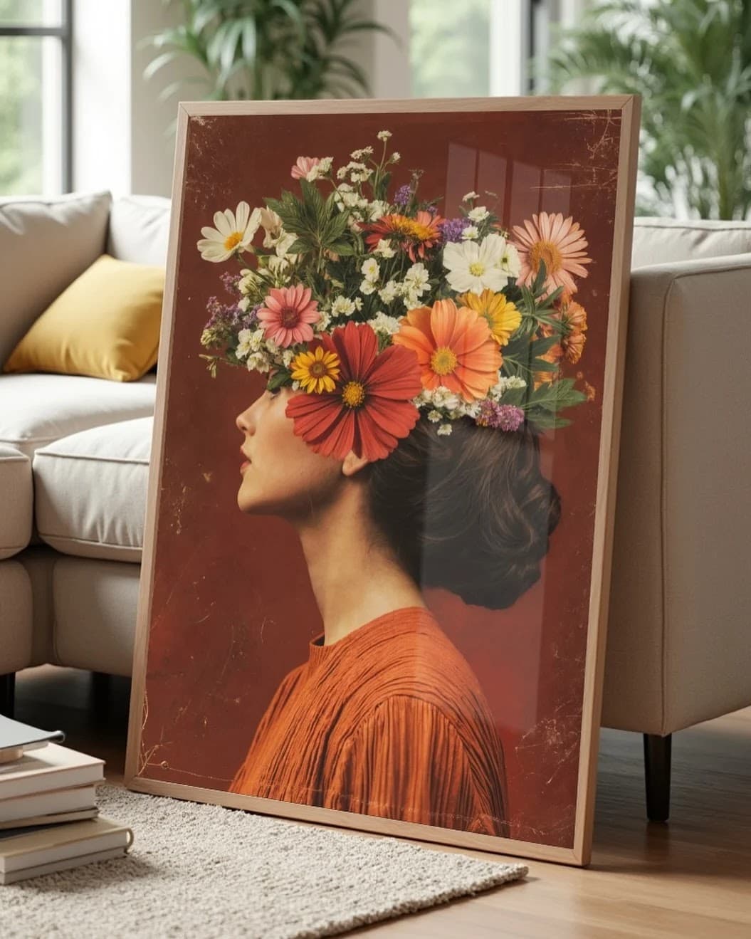 Quadro Mulher de Perfil com Flores Coloridas