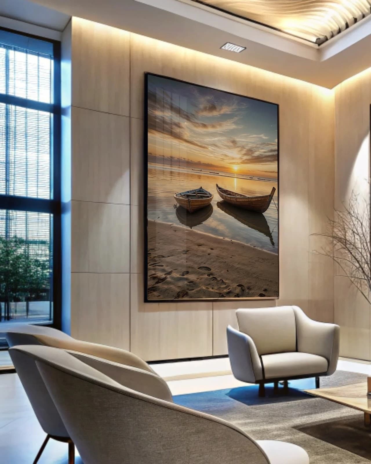Quadro Barcos na Areia ao Entardecer