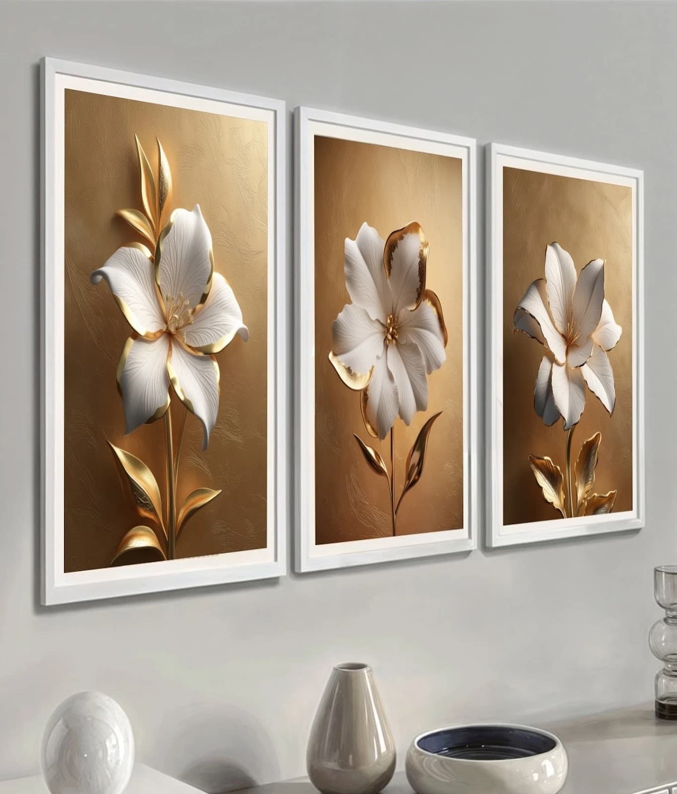 Trio de Quadros Flores Brancas Luminosidade Pura