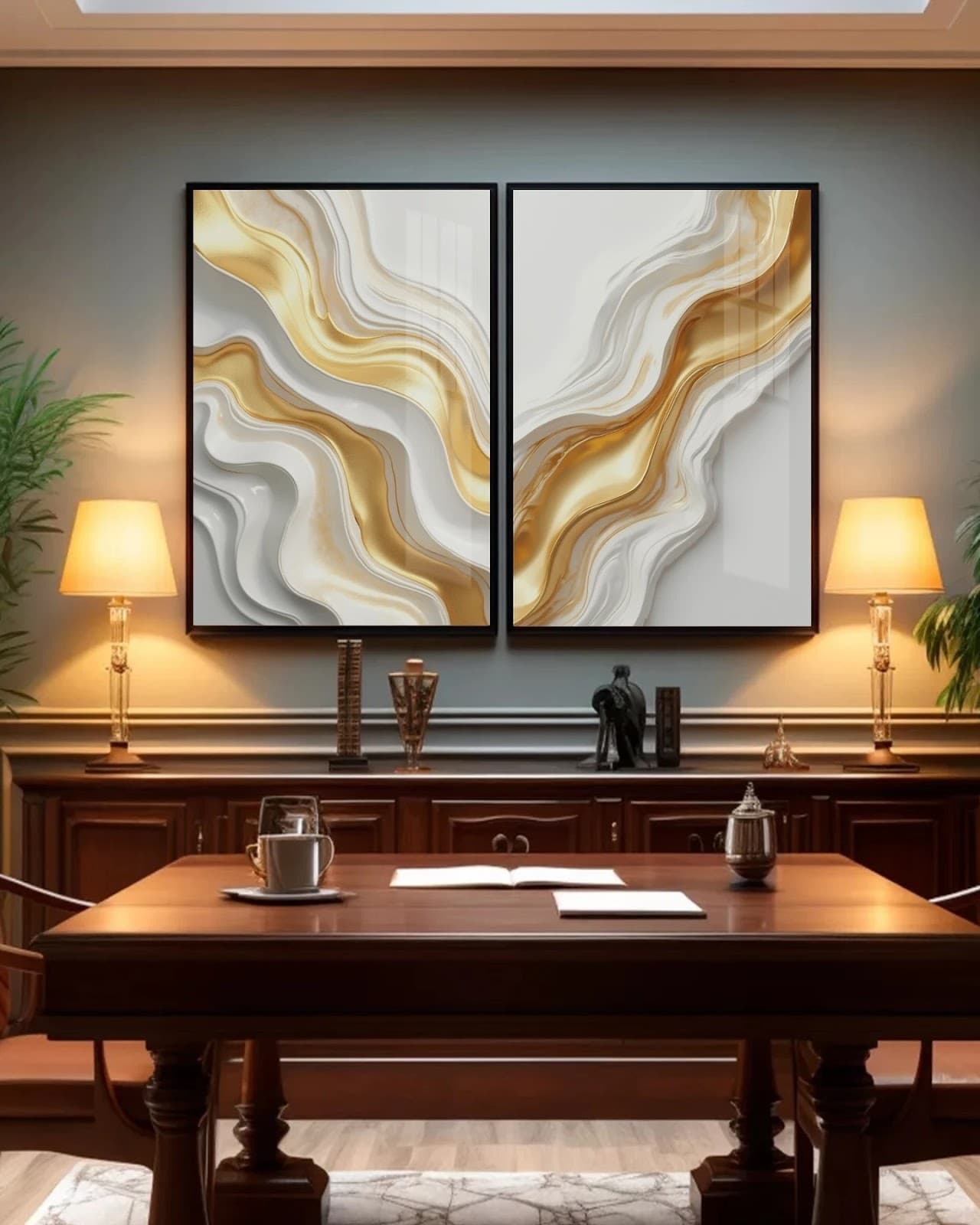 Dupla de Quadros Ondas Abstratas em Dourado e Marfim