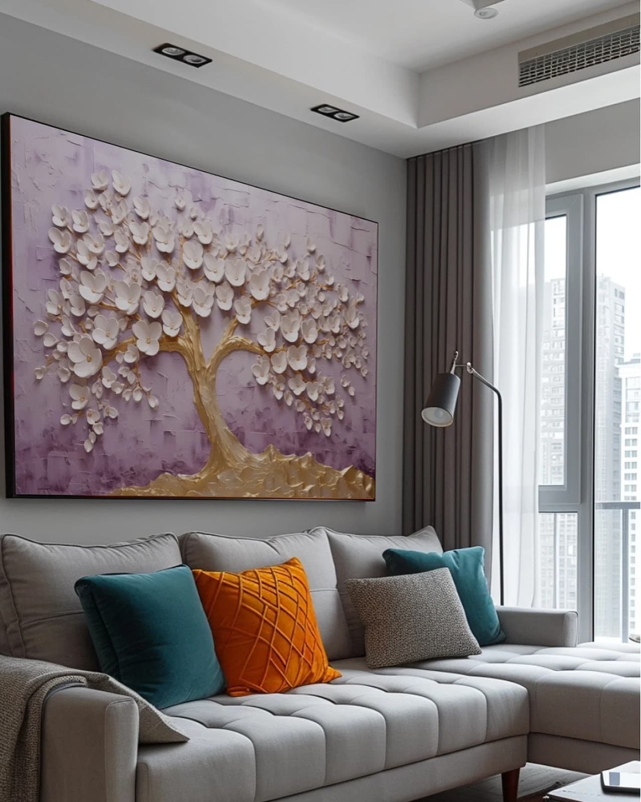 Quadro Árvore Florida Branca em Fundo Lilás