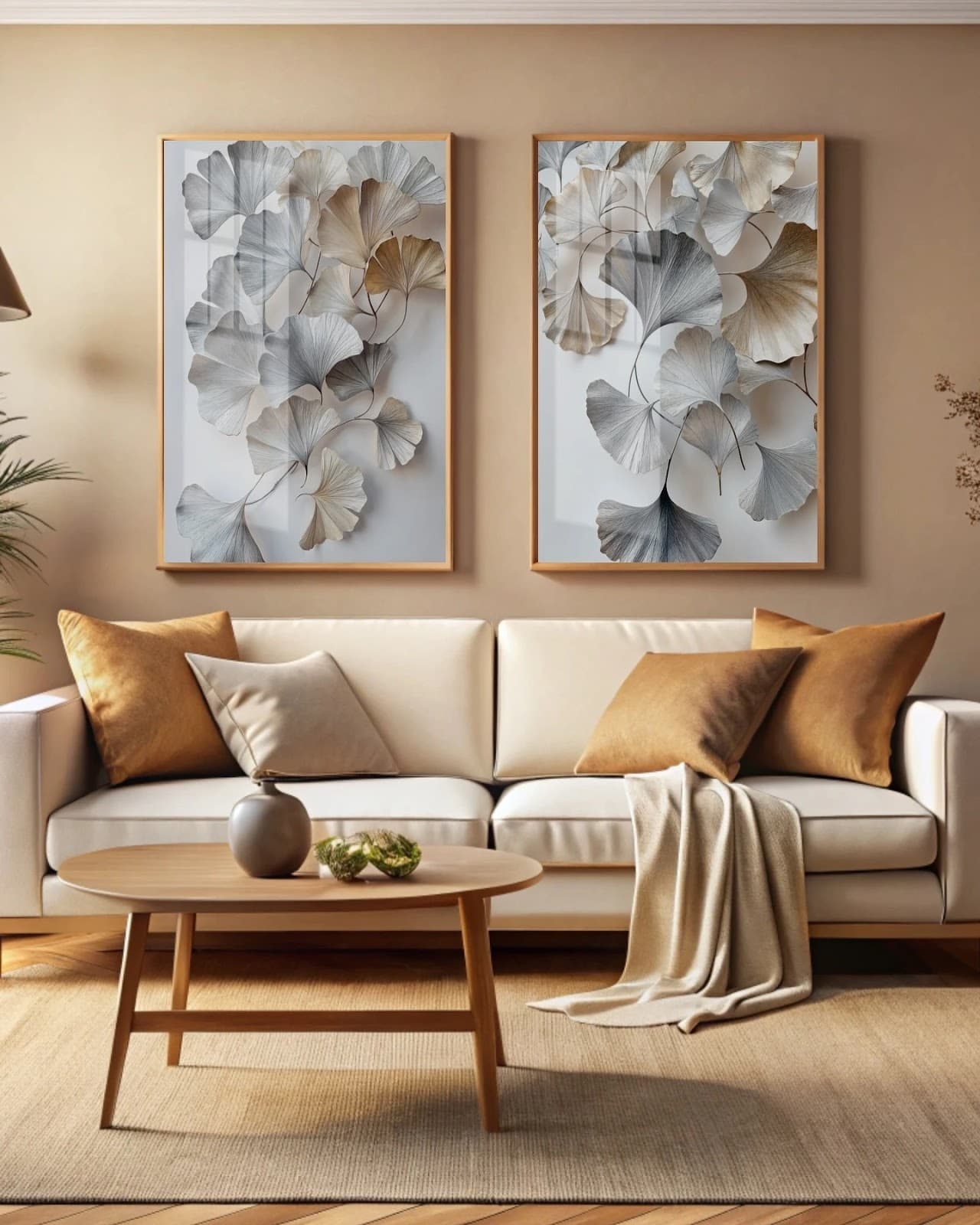 Dupla de Quadros Ginkgo Biloba em Turquesa e Dourado