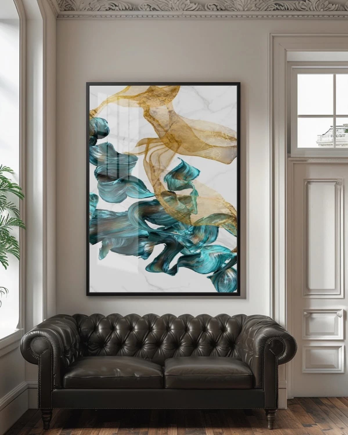 Quadro Fluidez Turquesa e Dourada em Mármore