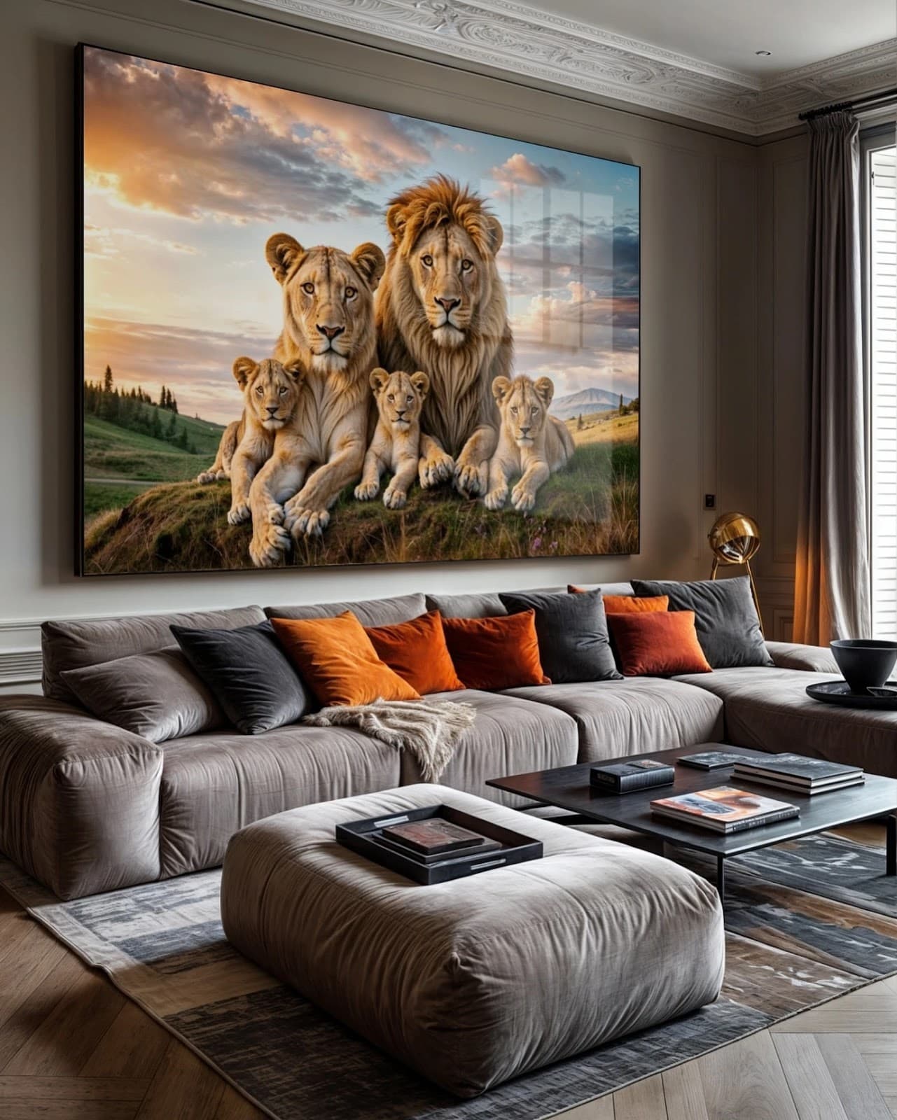 Quadro Família de Leões na Colina ao Pôr do Sol