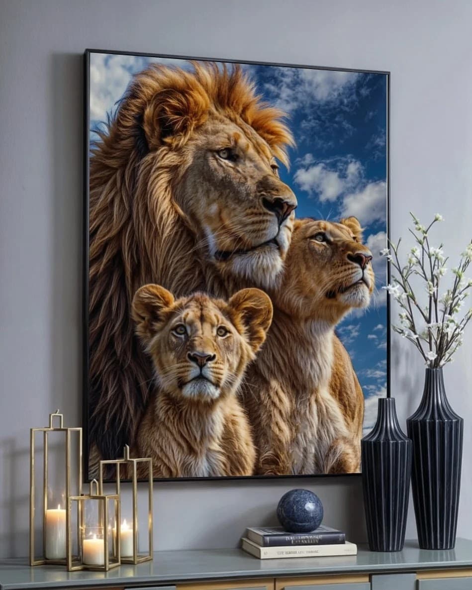 Quadro Família de Leões sob o Céu Azul