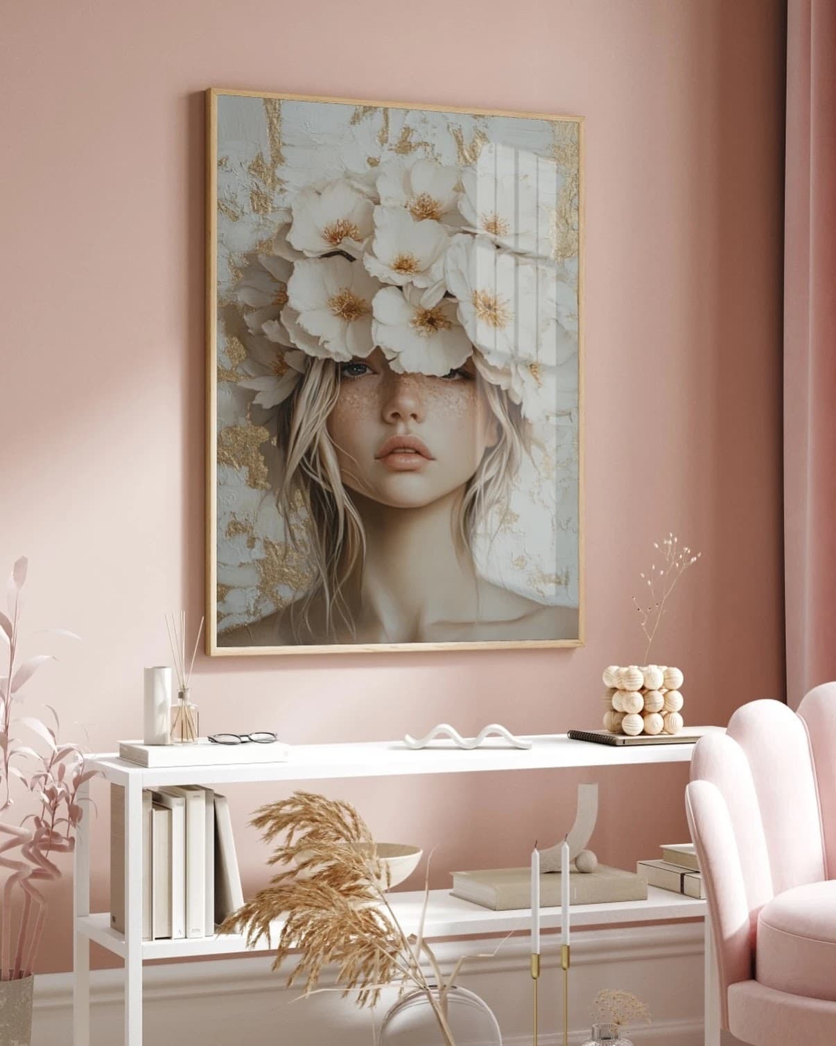 Quadro Rosto de Mulher com Flores Brancas