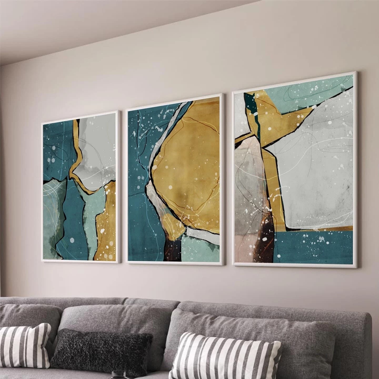 Trio de Quadros Abstrato Teal e Ouro