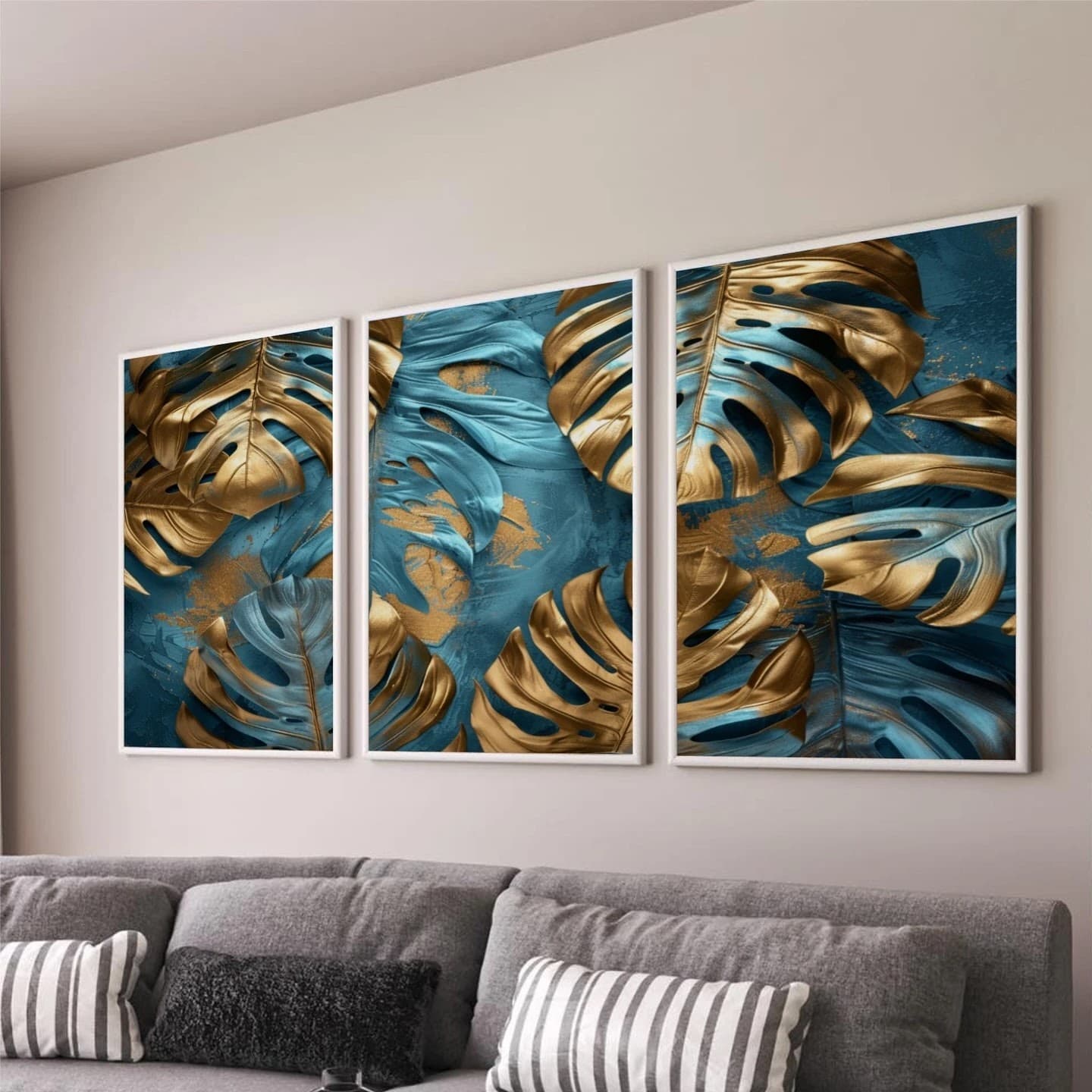 Trio de Quadros Monstera Tropical Dourado