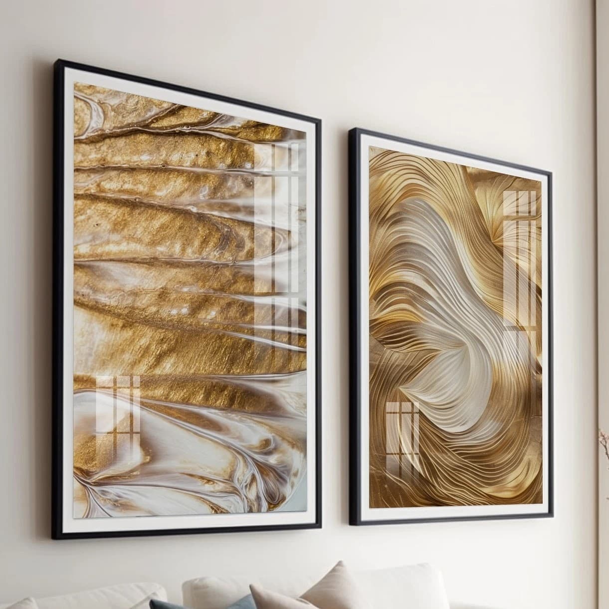 Dupla de Quadros Fluxo Dourado Abstrato