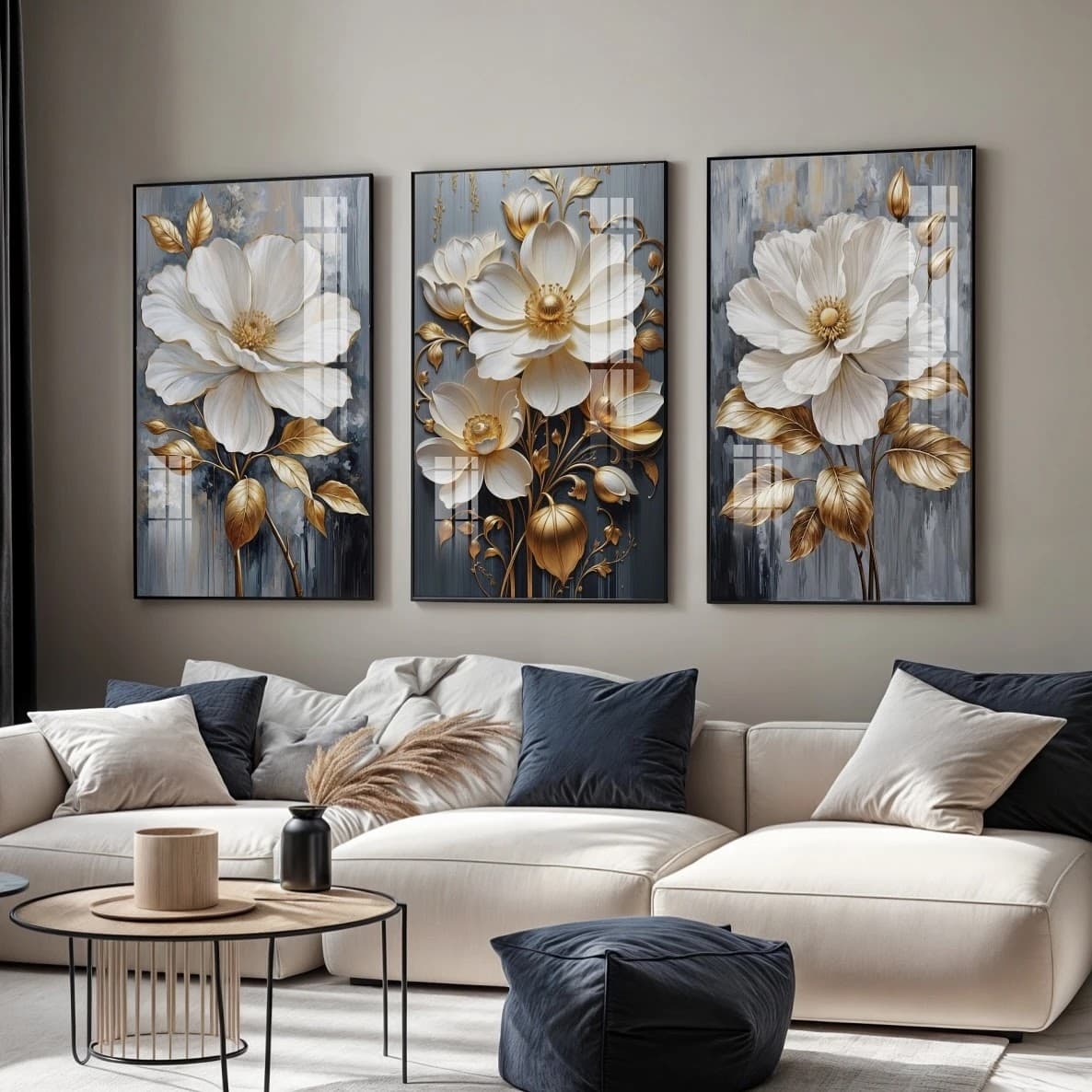 Trio de Quadros Flores Brancas Refinadas