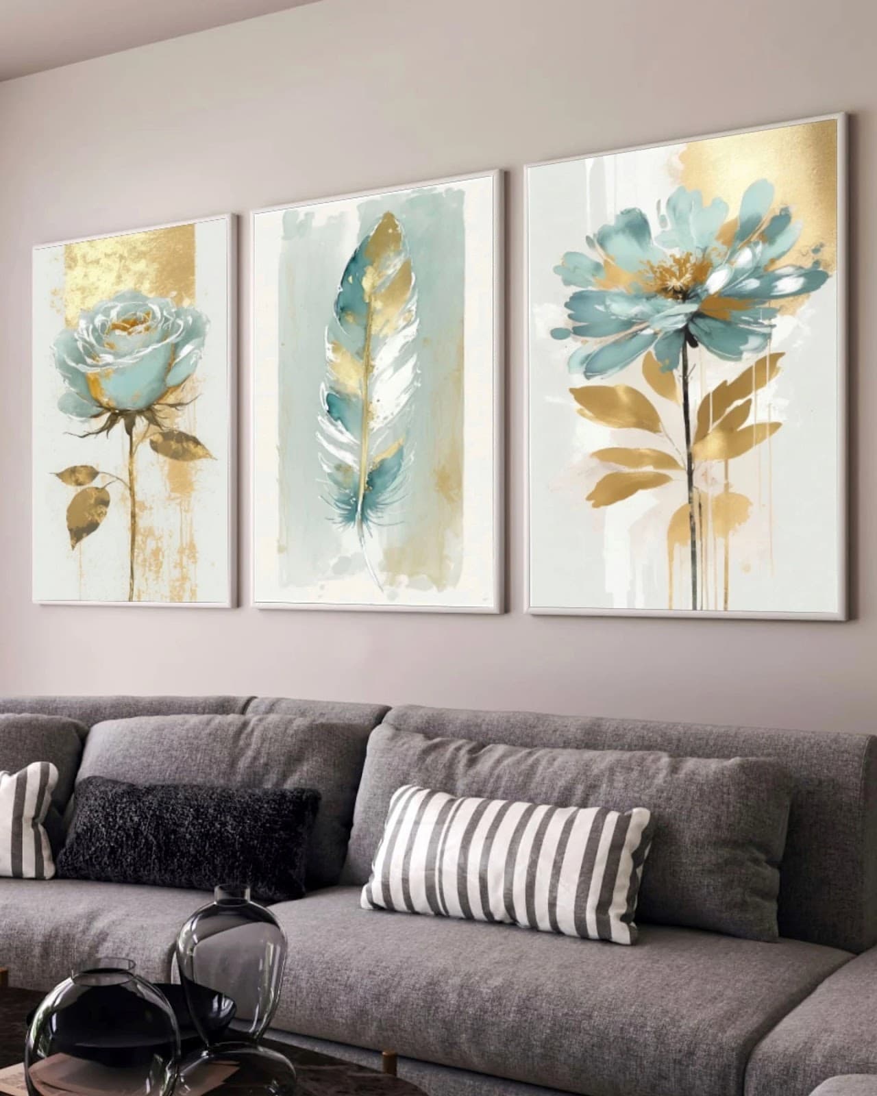 Trio de Quadros Flores Teal e Ouro Elegância