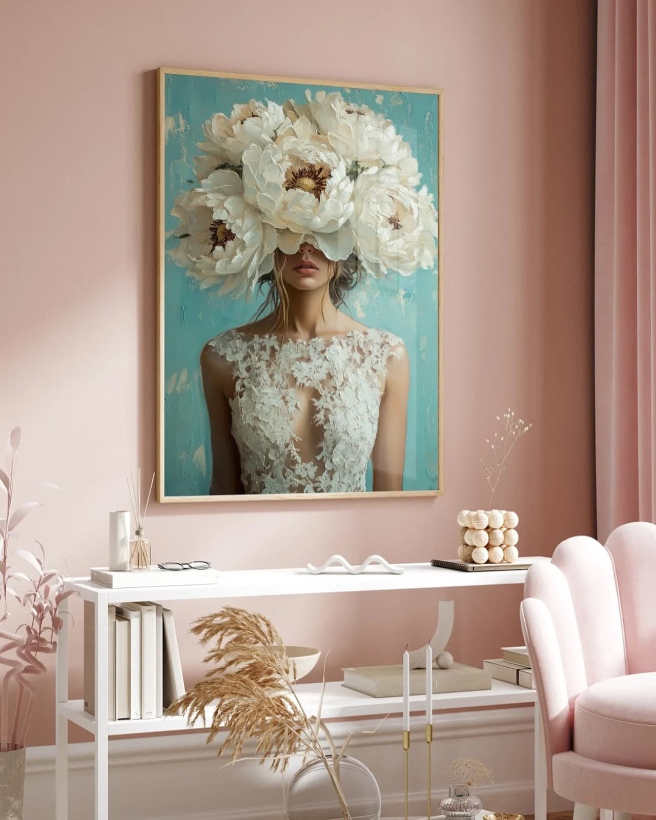 Quadro Mulher com Flores Brancas