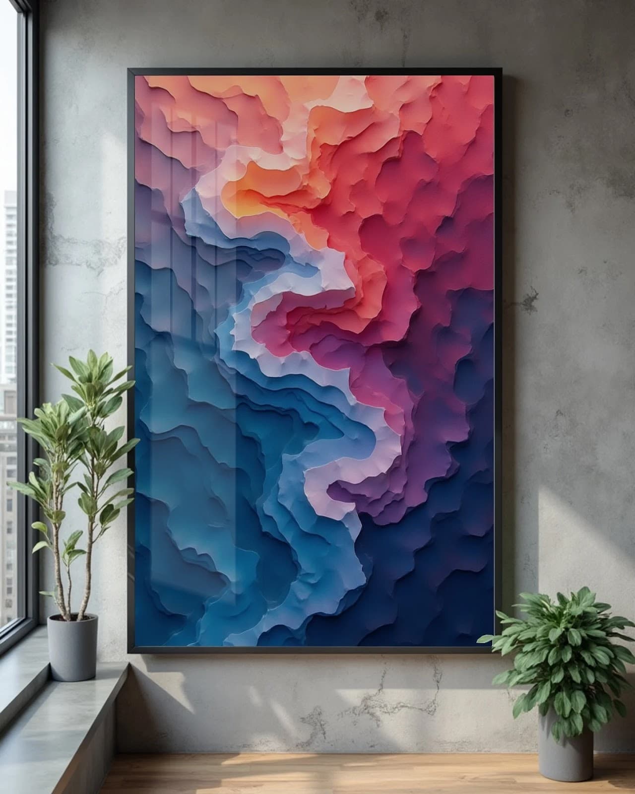 Quadro Ondas Abstratas em Coral e Azul