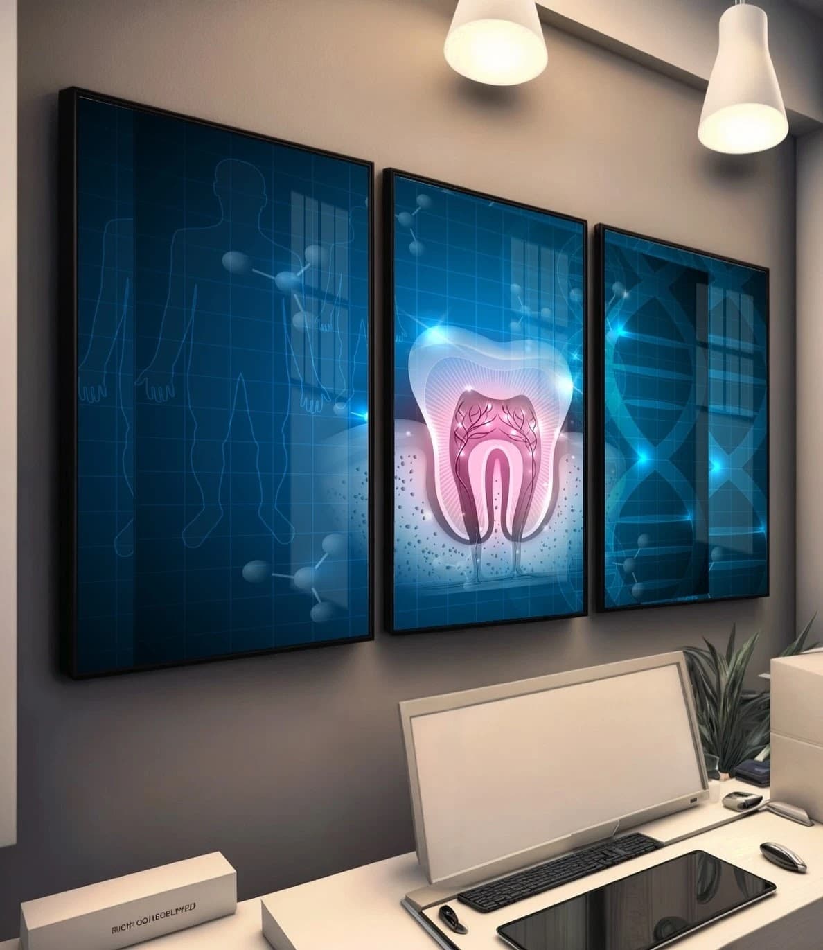 Trio de Quadros Composição Dental em Luz Dourada
