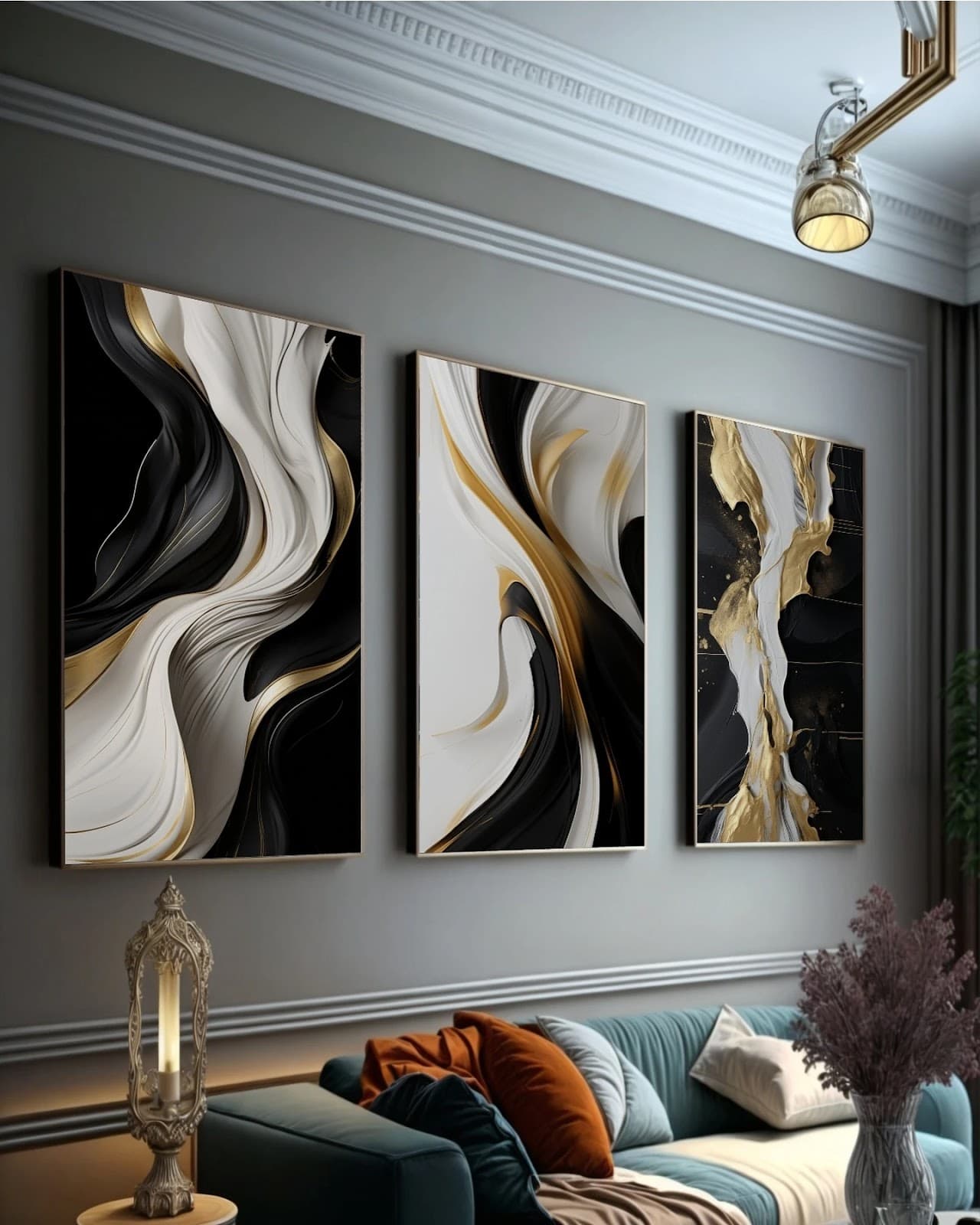 Trio de Quadros Decorativos Onda de Luxo